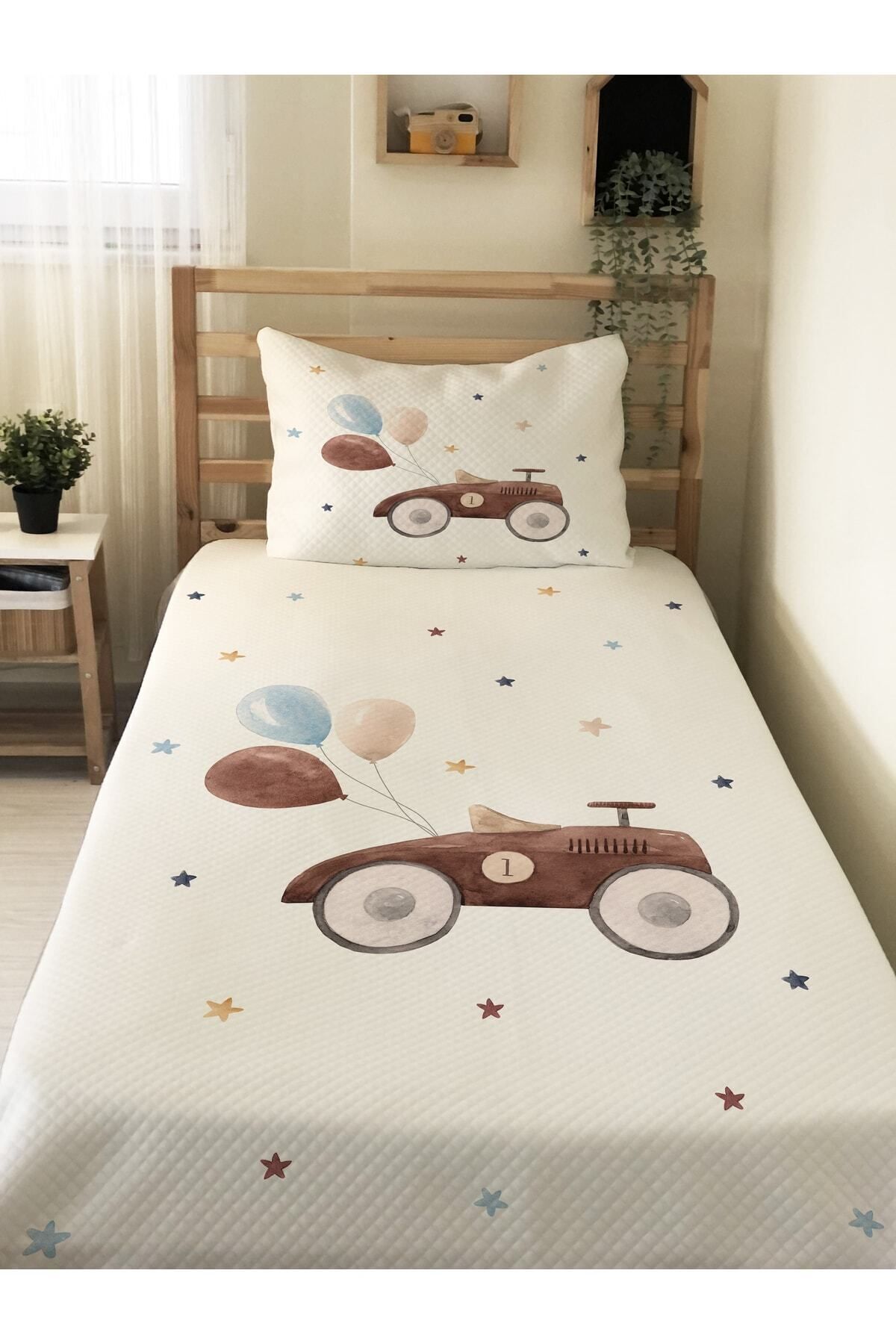 Evmila Antika Araba Desenli Bebek Ve Çocuk Baskılı Tek Kişilik Pike Takımı 160x230 Beyaz fotoğrafı 4 (önizleme)