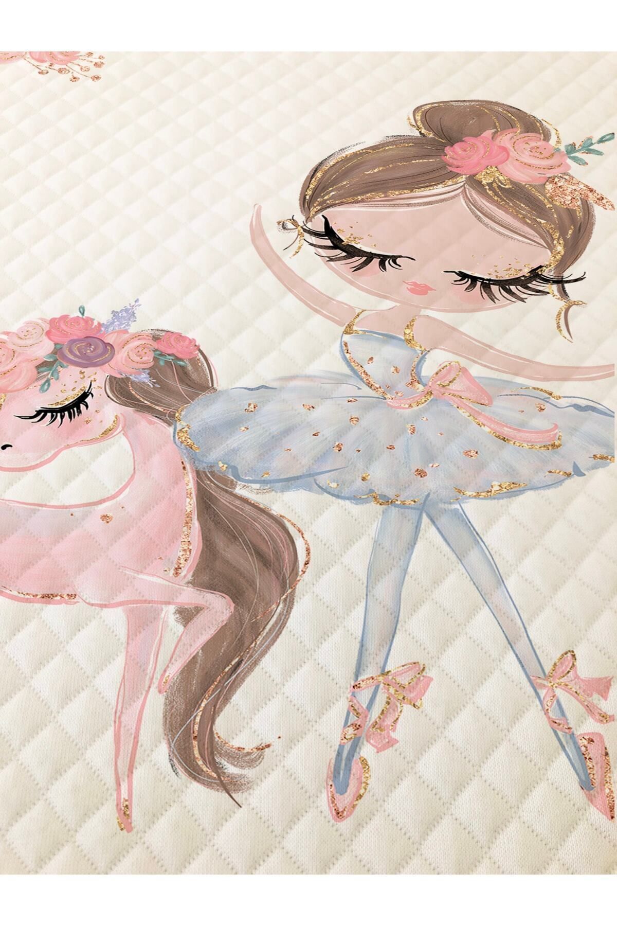 Evmila Balerin Ve Unicorn Desenli Bebek Ve Çocuk Baskılı Tek Kişilik Pike Takımı 160x230 Beyaz fotoğrafı 4 (önizleme)