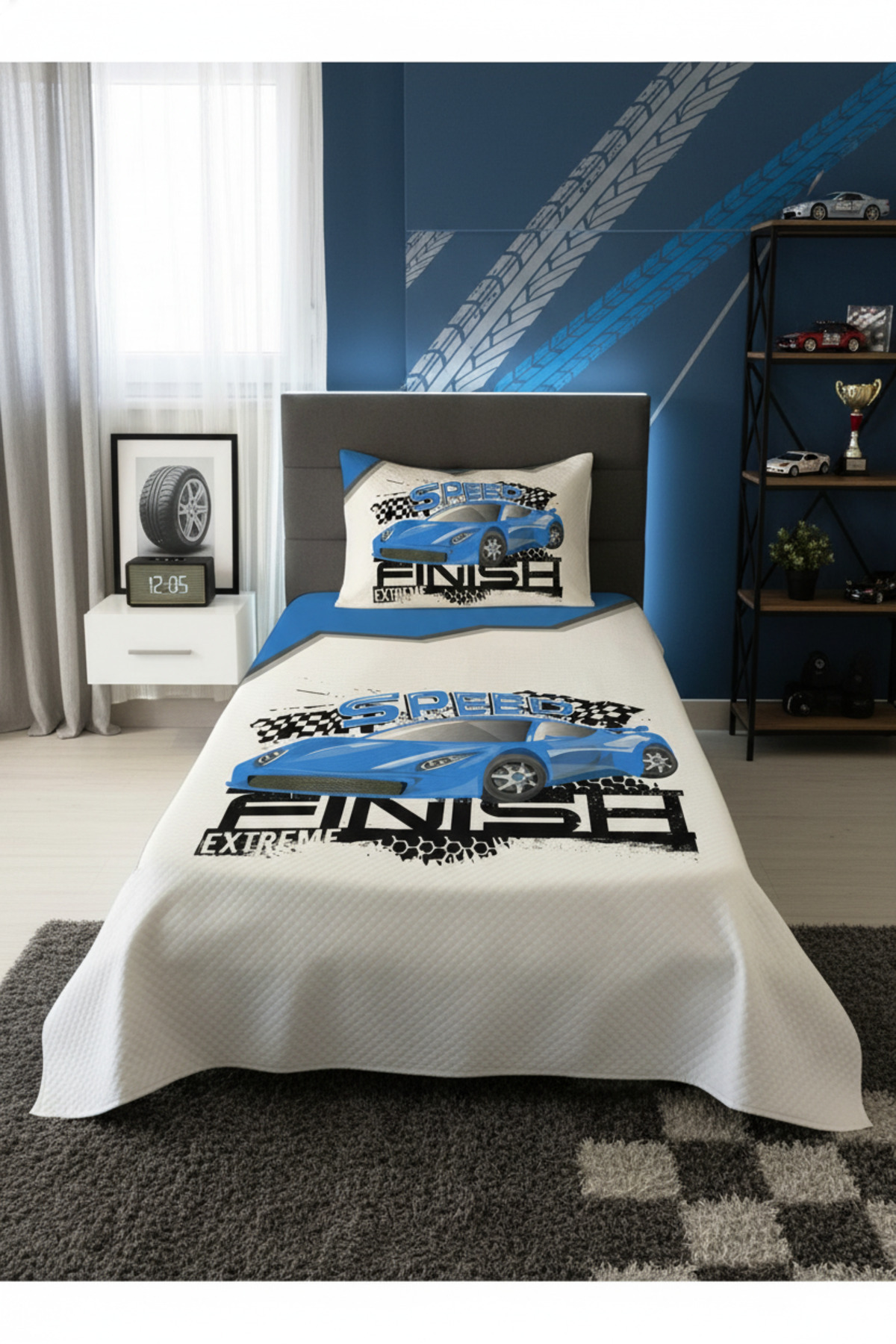 Evmila Mavi Araba Desenli Bebek Ve Çocuk Baskılı Tek Kişilik Pike Takımı 160x230 Beyaz fotoğrafı 2 (önizleme)