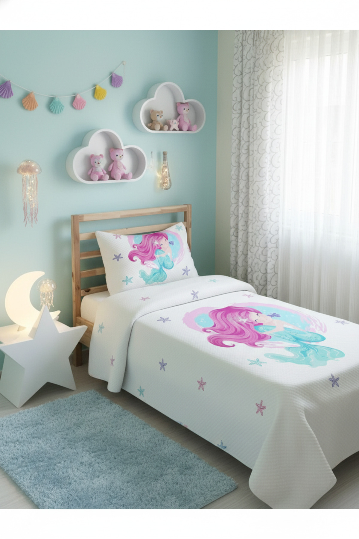 Evmila Deniz Kızı Desenli Bebek Ve Çocuk Baskılı Tek Kişilik Pike Takımı 160x230 Beyaz fotoğrafı 2 (önizleme)