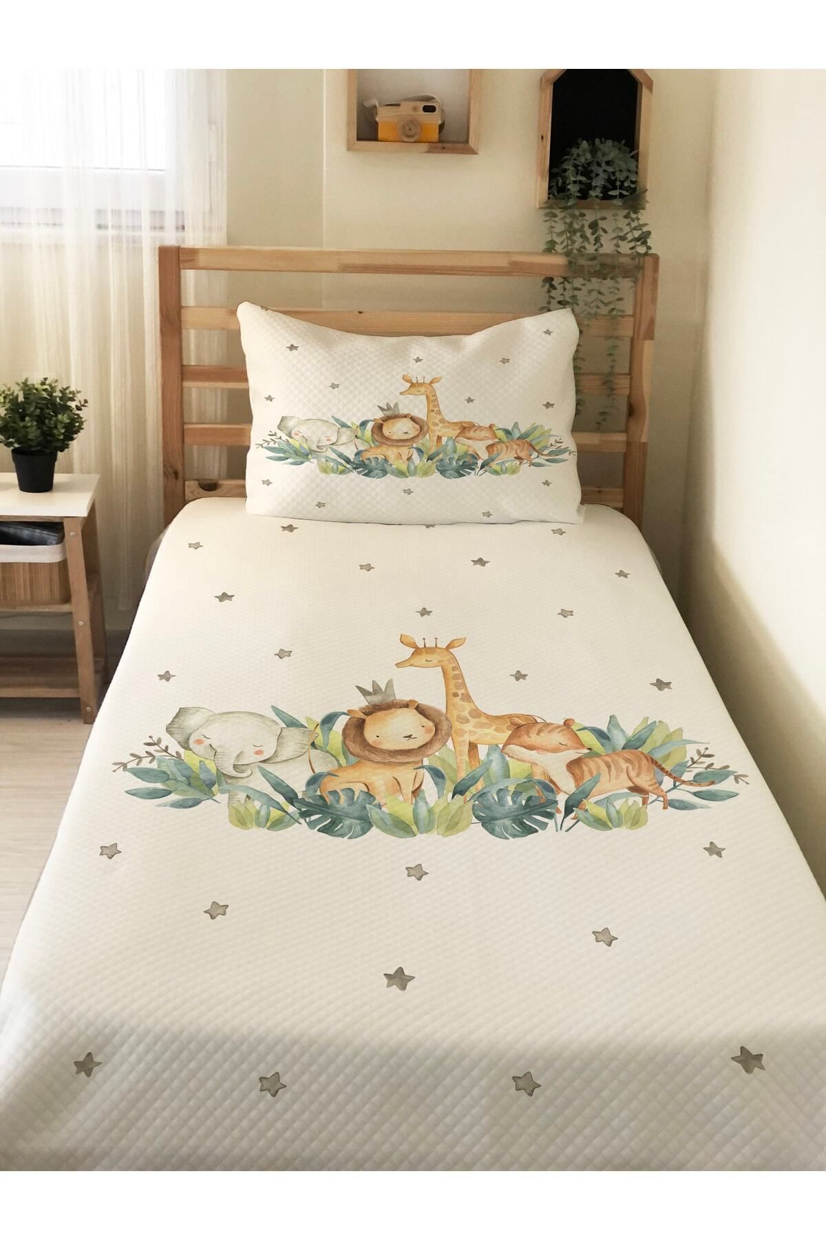 Evmila Hayvanlar Alemi Desenli Bebek Ve Çocuk Baskılı Tek Kişilik Pike Takımı 160x230 Beyaz fotoğrafı 3 (önizleme)