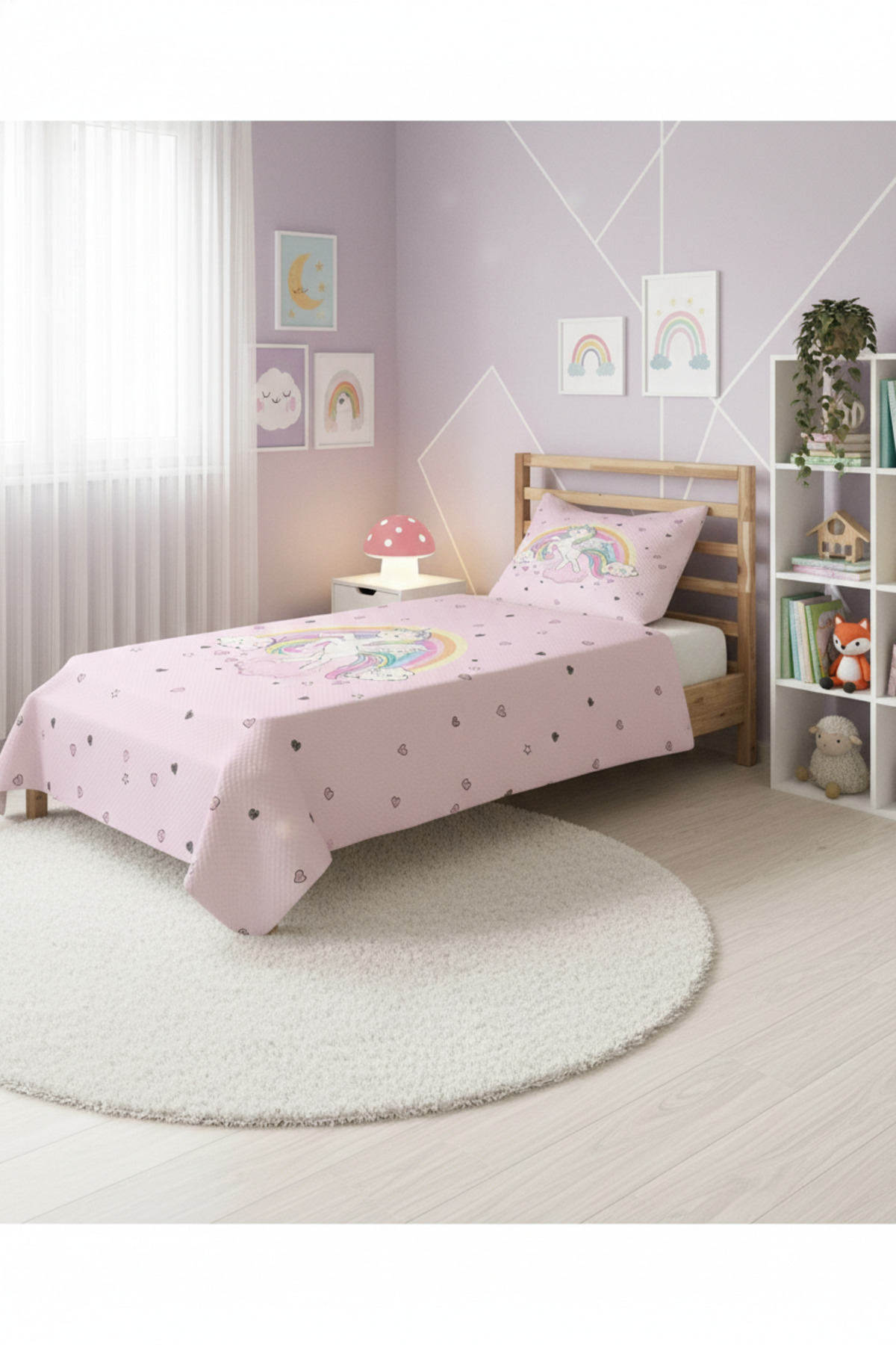 Evmila Unicorn Desenli Bebek Ve Çocuk Baskılı Tek Kişilik Pike Takımı 160x230 Pembe fotoğrafı 2 (önizleme)