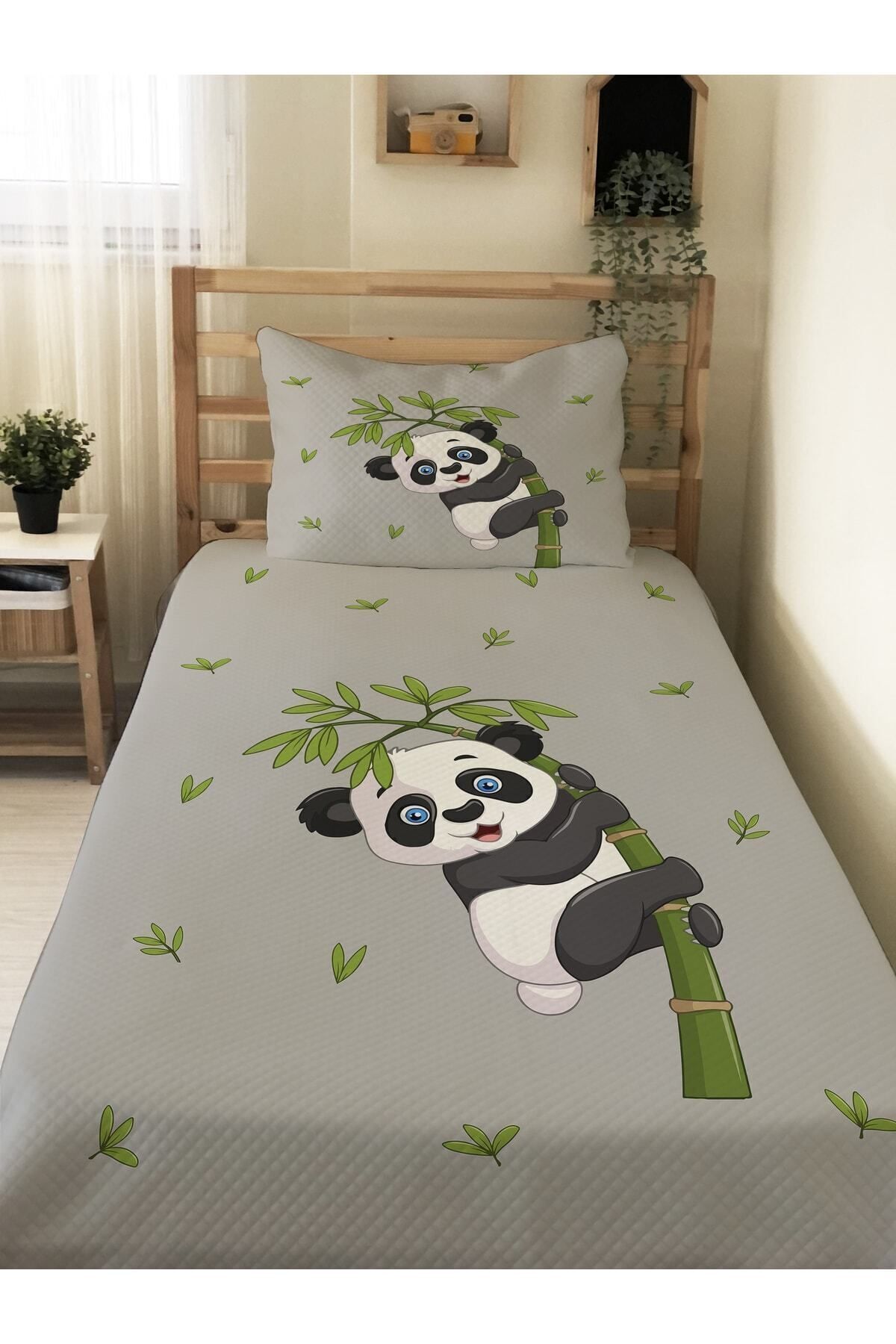 Evmila Panda Desenli Bebek Ve Çocuk Baskılı Tek Kişilik Pike Takımı 160 X 220 Cm Gri fotoğrafı 3 (önizleme)