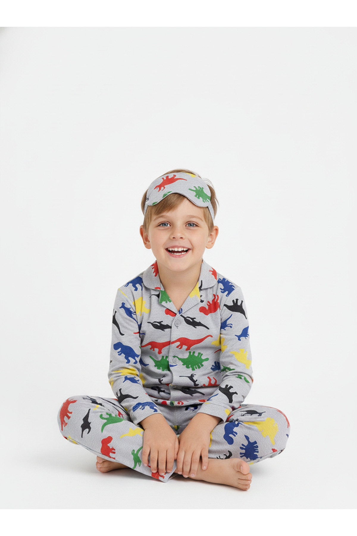 Beka Kids Erkek Çocuk Önden Düğmeli Desenli Pijama Takımı %100 Pamuklu Pijama Takımı Ve Göz Bandı fotoğrafı 4 (önizleme)