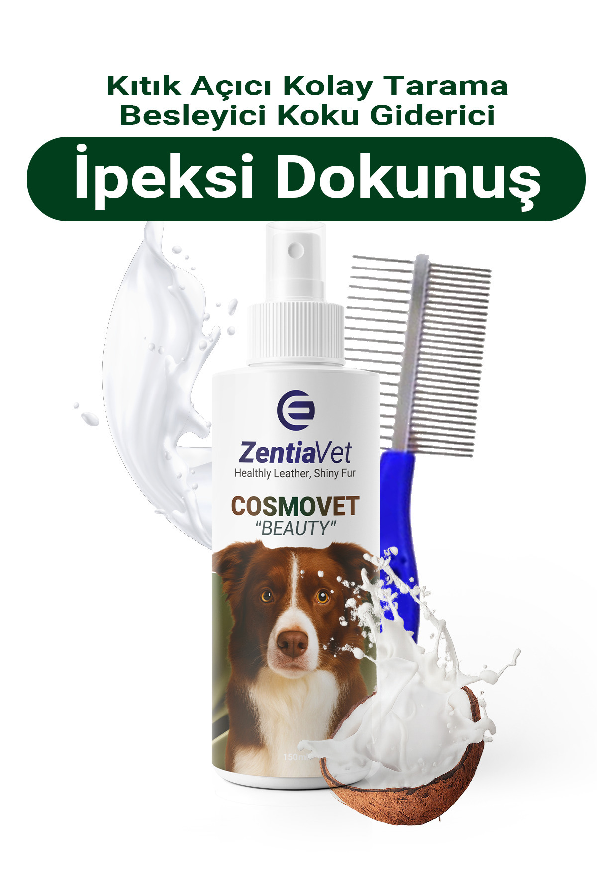 zentiavet BEAUTY 160 ml Köpek Tüy Besleyici, Kıtık Açıcı, Arındırıcı, Kolay Tarama + Çift Taraflı Kıtık Tarağı
