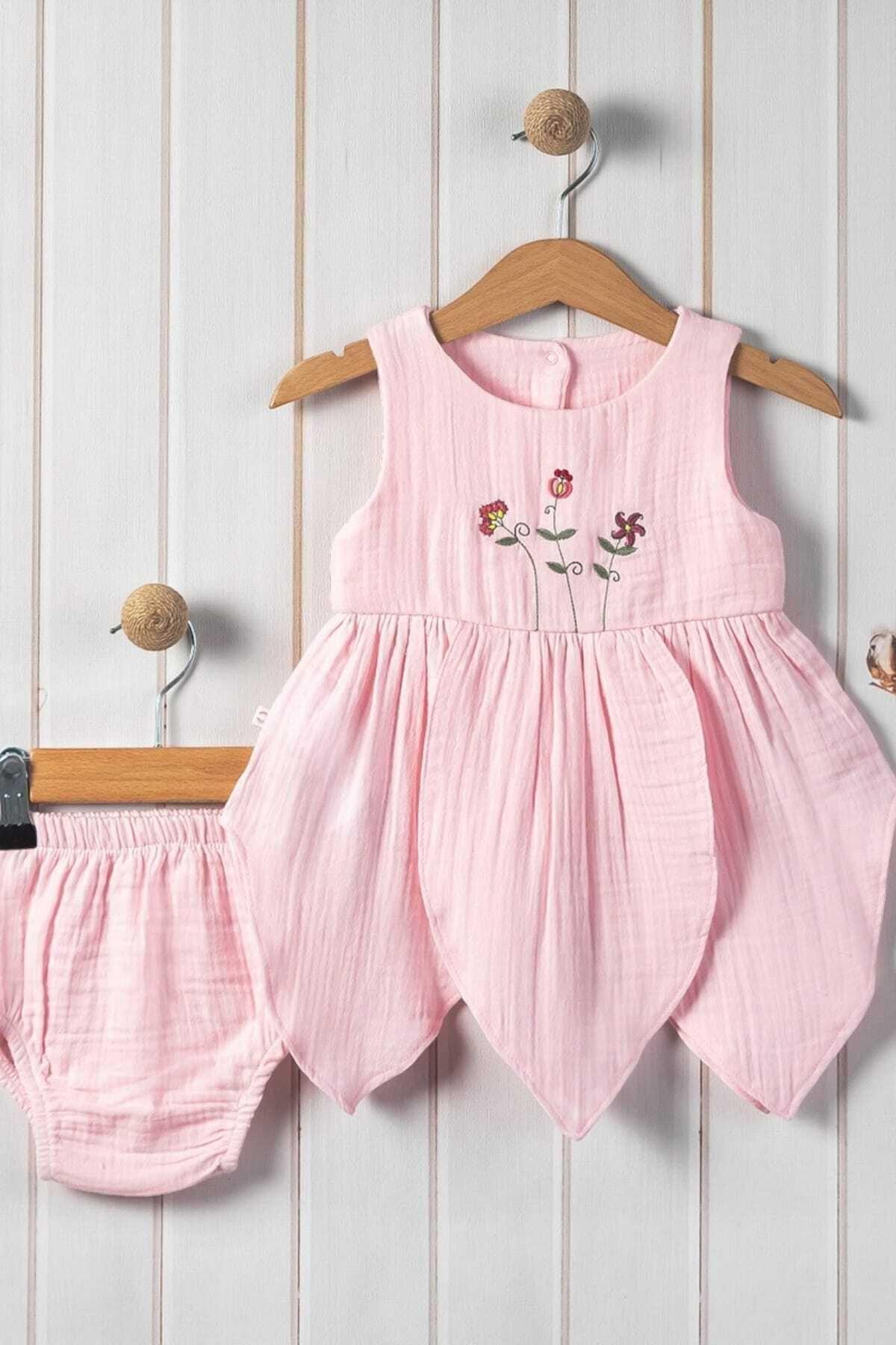 dinamik çocuk %100 Pamuk Kız Bebek/Çocuk Peri Elbise Nakışlı Eteği Parçalı + Külotlu Müslin Organik Takım fotoğrafı 5 (önizleme)