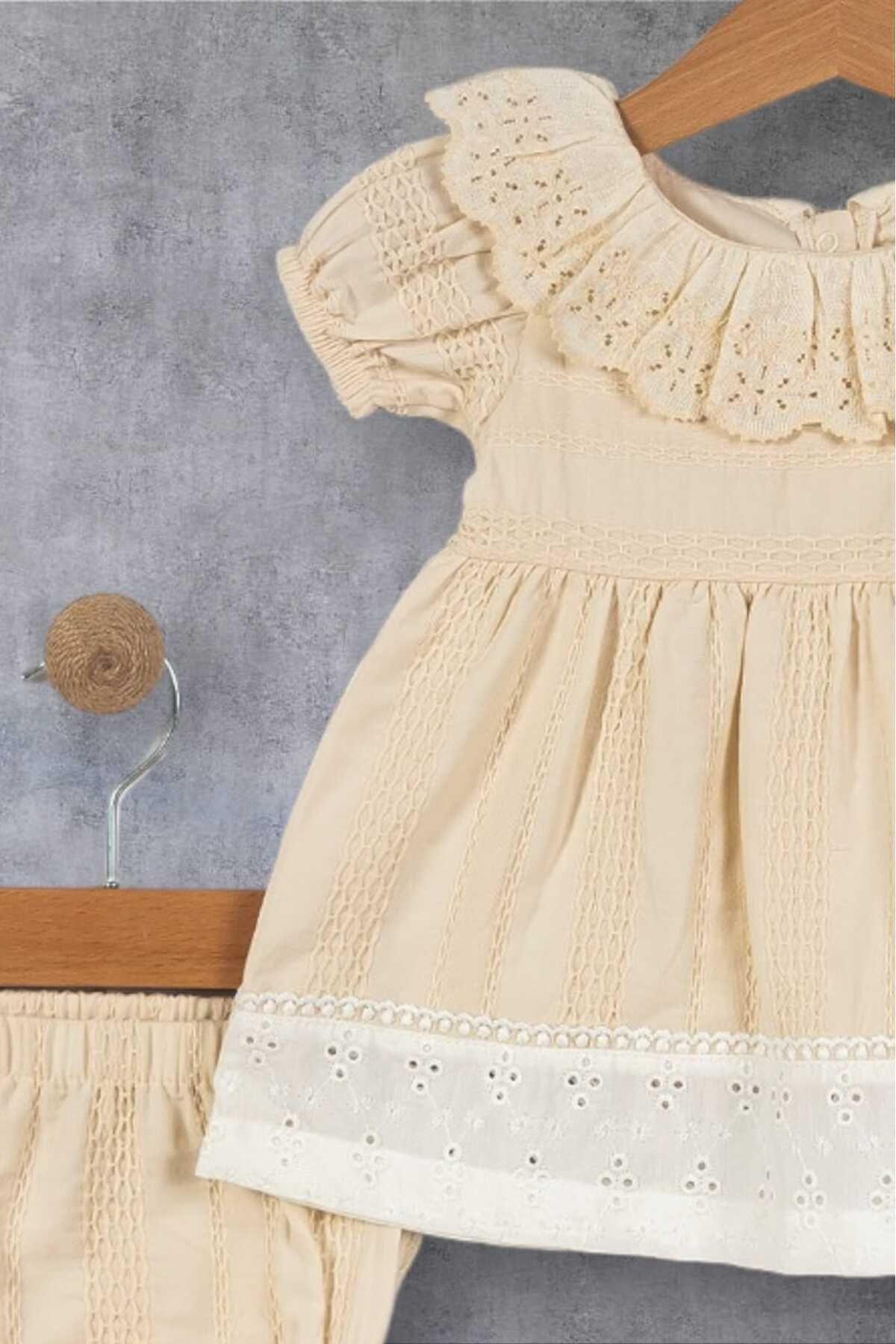 dinamik çocuk Kız Bebek Güpürlü Kendinden desenli Kumaş Külotlu Elbise 2 parça Takım Bayramlık Doğum günü Mevlüt fotoğrafı 2 (önizleme)