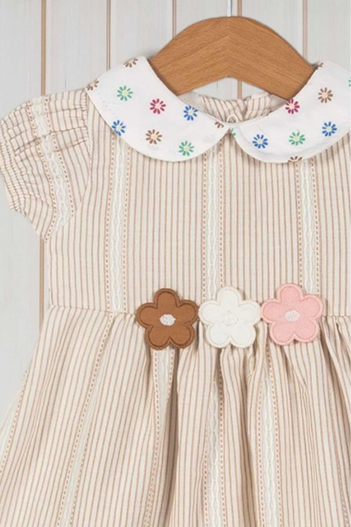 dinamik çocuk %100 Pamuk Kız Bebek/Çocuk Bebe Yaka Çiçekli Büzgü Kol Elbise Organik fotoğrafı 3 (önizleme)