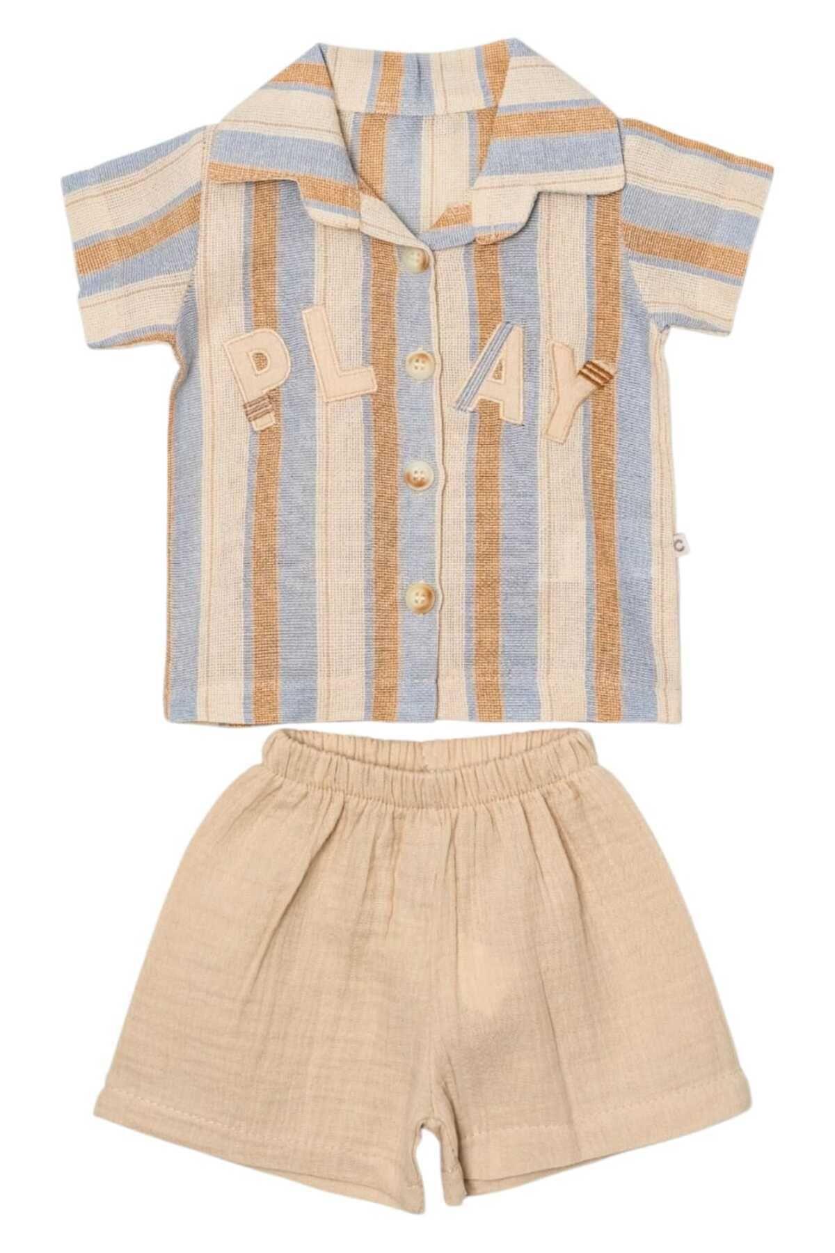 dinamik çocuk Erkek Bebek/Çocuk PLAY Nakışlı Gömlek Şort 2li Takım Ham Keten Yazlık Kumaş 3-6-9-12-19-24aylık fotoğrafı 3 (önizleme)