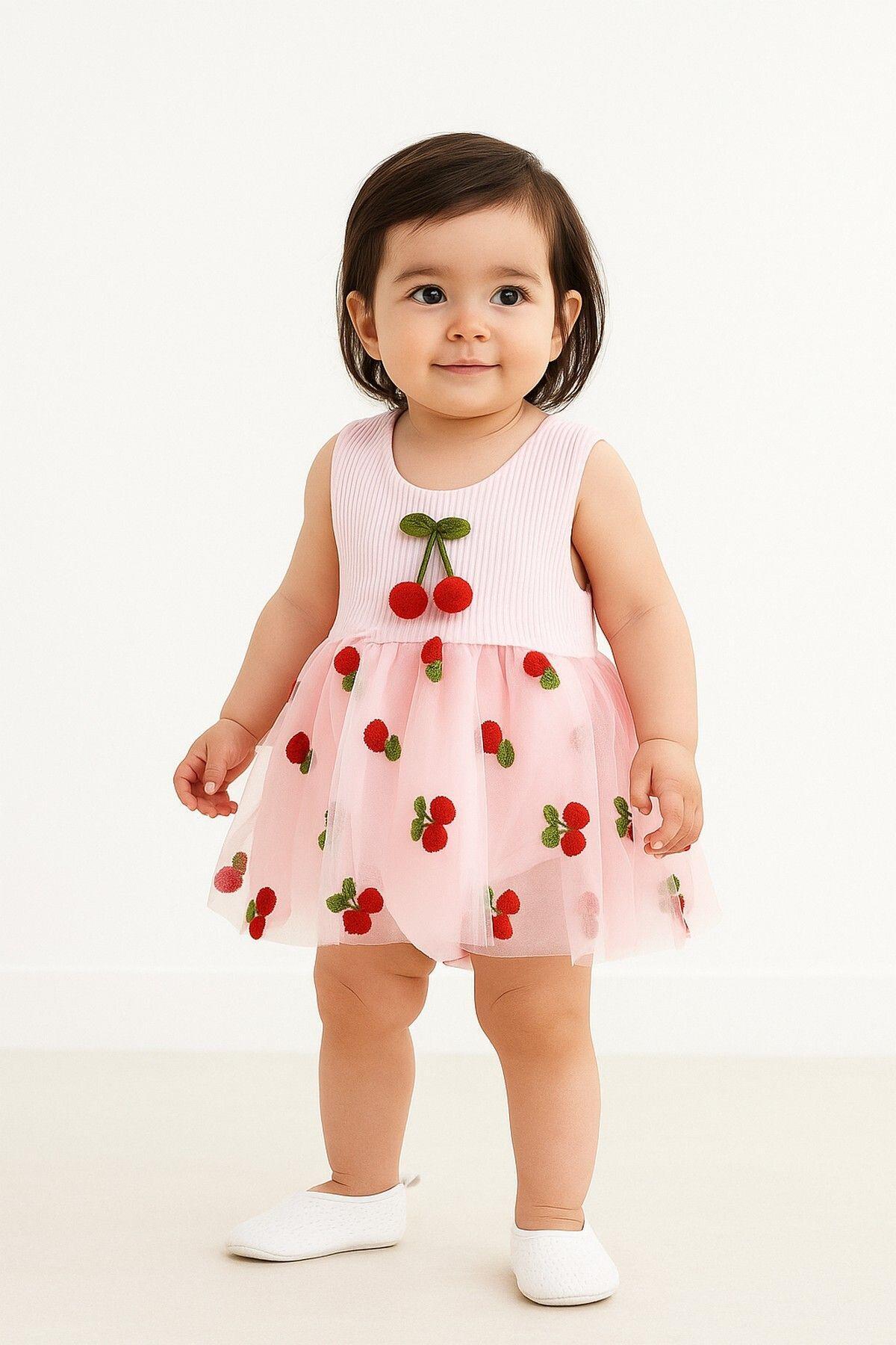 Cherry Patterned Tulle Dress Ribbed Top Sleeveless Summer Girl with Bottom Snap Fastener Body