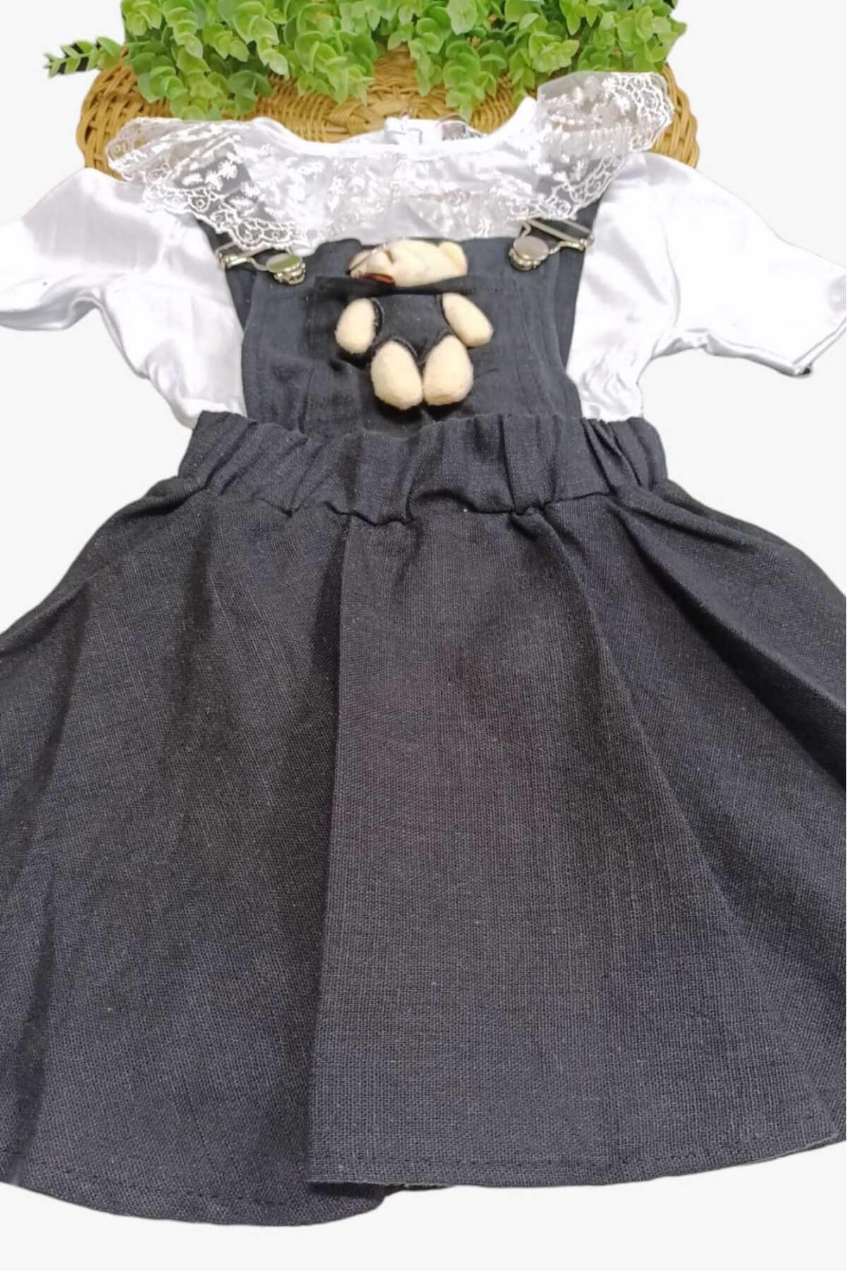 dinamik çocuk Kız Çocuk Dantelli Badili + Ayıcıklı Keten Jile Elbise 2'li Takım Ayarlanabilir Askılıklı Bayramlık fotoğrafı 3 (önizleme)