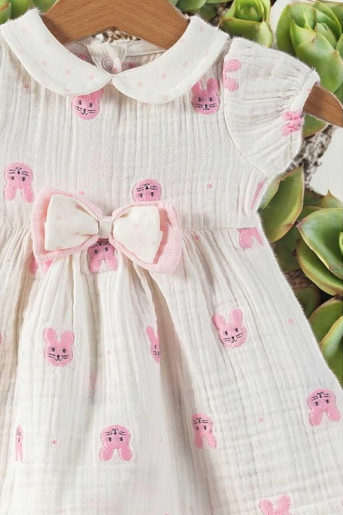 dinamik çocuk Kız Bebek/Çocuk Müslin Kumaş Tavşanlı Büzgü Kol Yazlık Elbise Organik fotoğrafı 5 (önizleme)