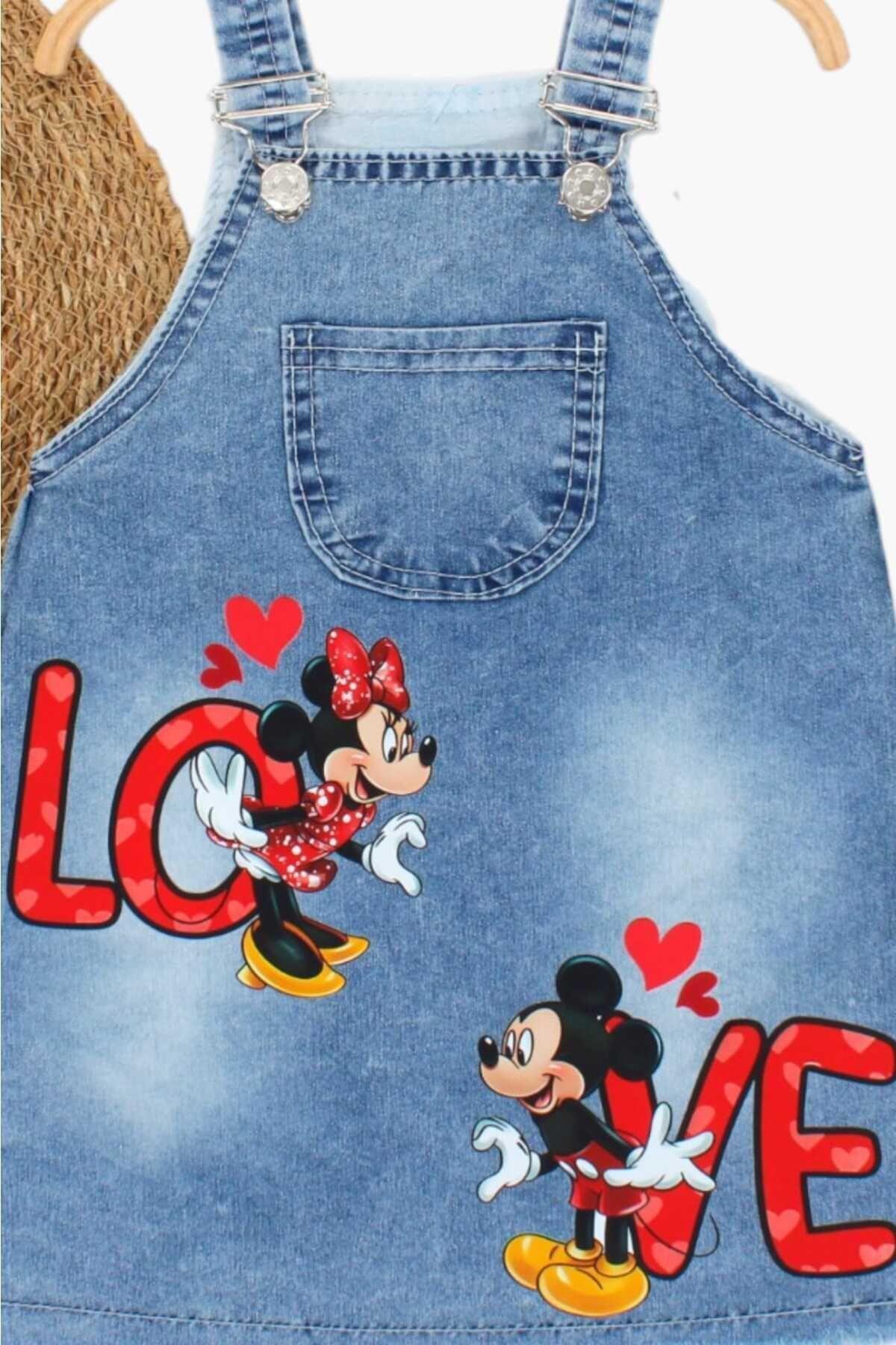 dinamik çocuk Kız Çocuk Kot Jile Salopet Minnie Mouse Baskılı Denim Elbise fotoğrafı 3 (önizleme)