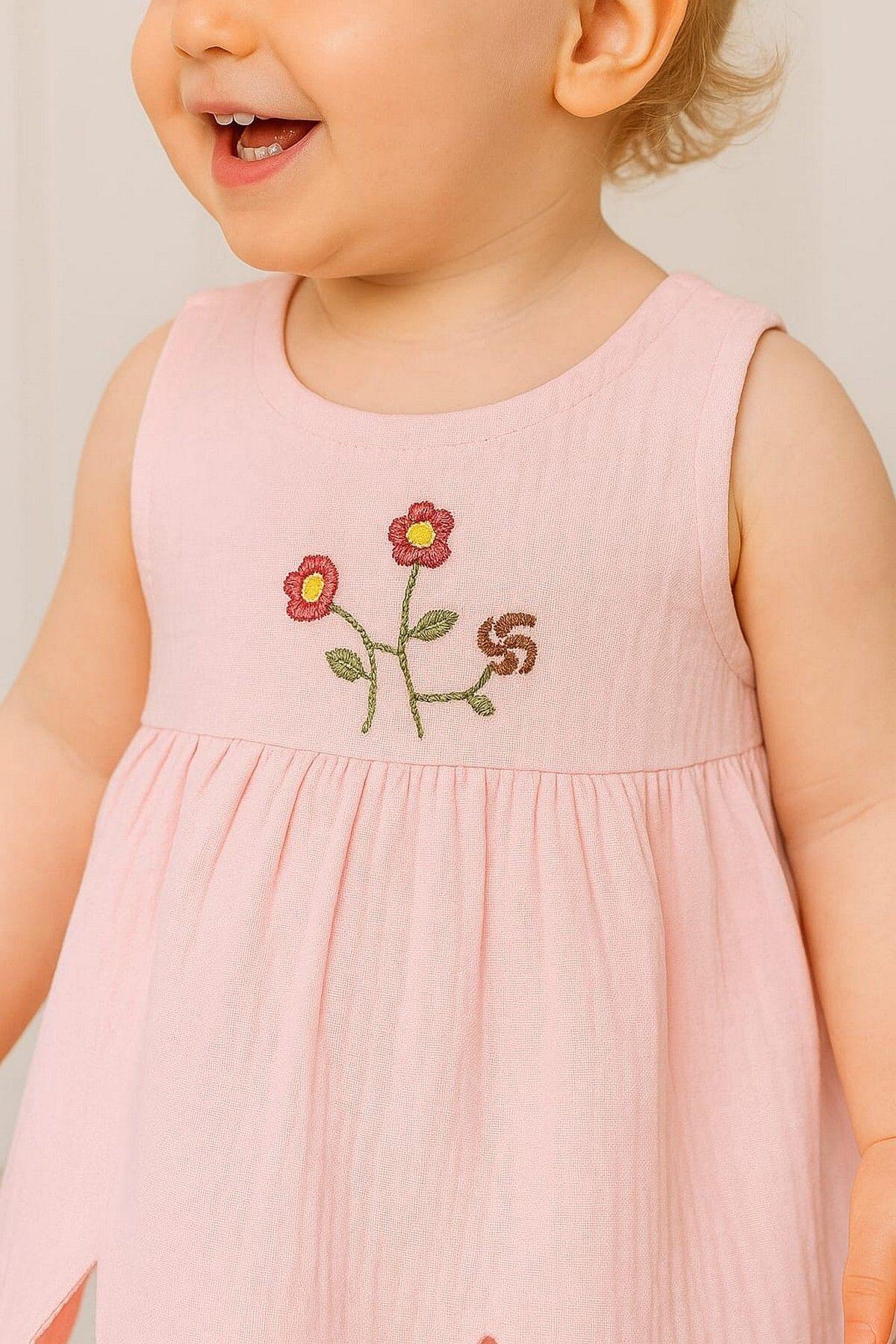 dinamik çocuk %100 Pamuk Kız Bebek/Çocuk Peri Elbise Nakışlı Eteği Parçalı + Külotlu Müslin Organik Takım fotoğrafı 3 (önizleme)