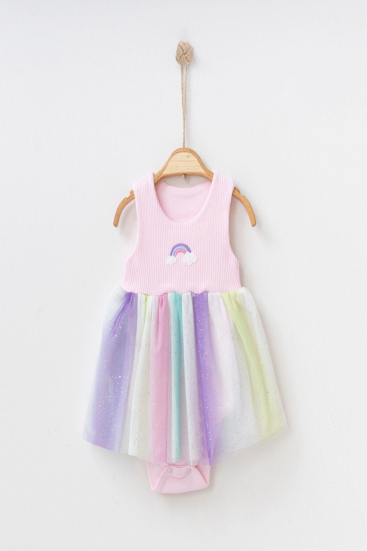 Rainbow Pattern Tulle Dress Top Ribbed Sleeveless Summer Girl with Bottom Snap Fastener Body