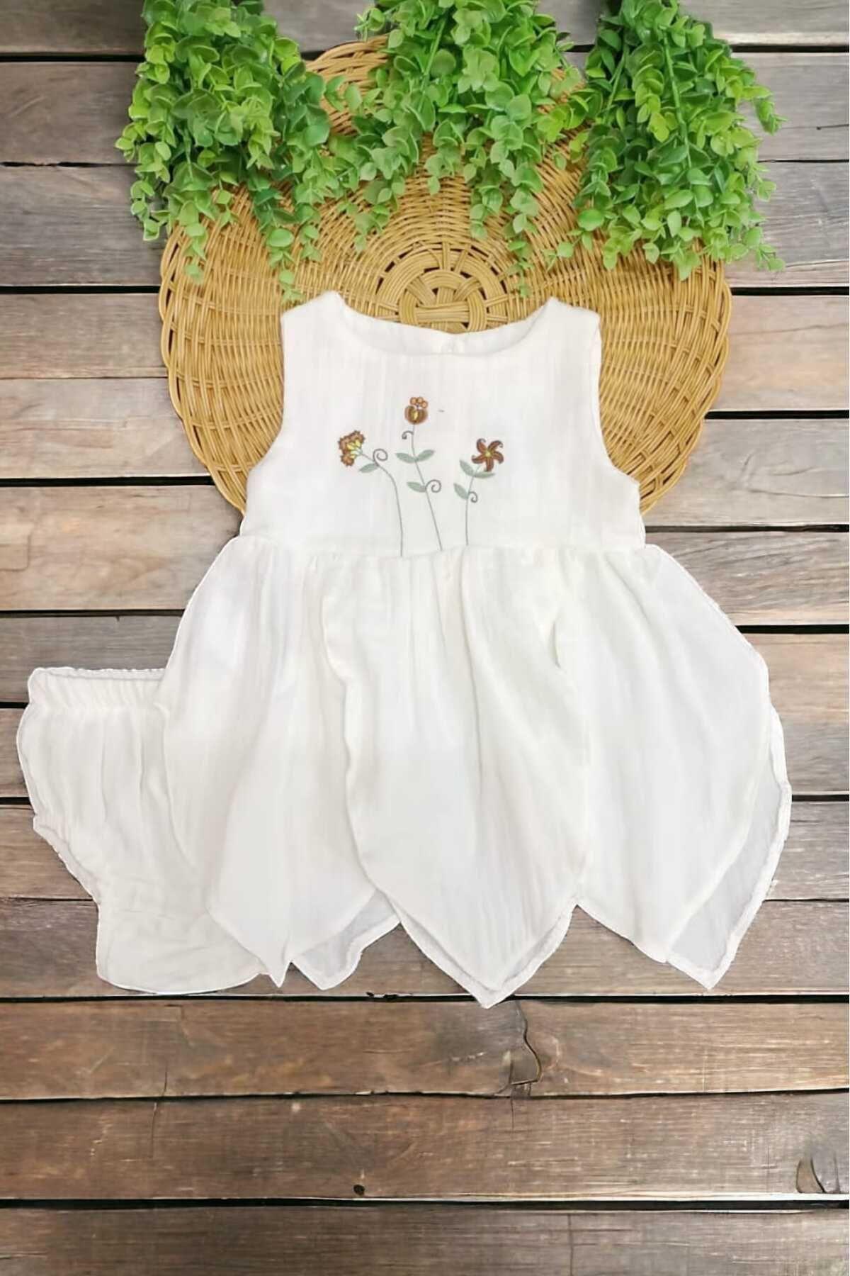 dinamik çocuk %100 Pamuk Kız Bebek/Çocuk Peri Elbise Nakışlı Eteği Parçalı + Külotlu Müslin Organik Takım fotoğrafı 2 (önizleme)