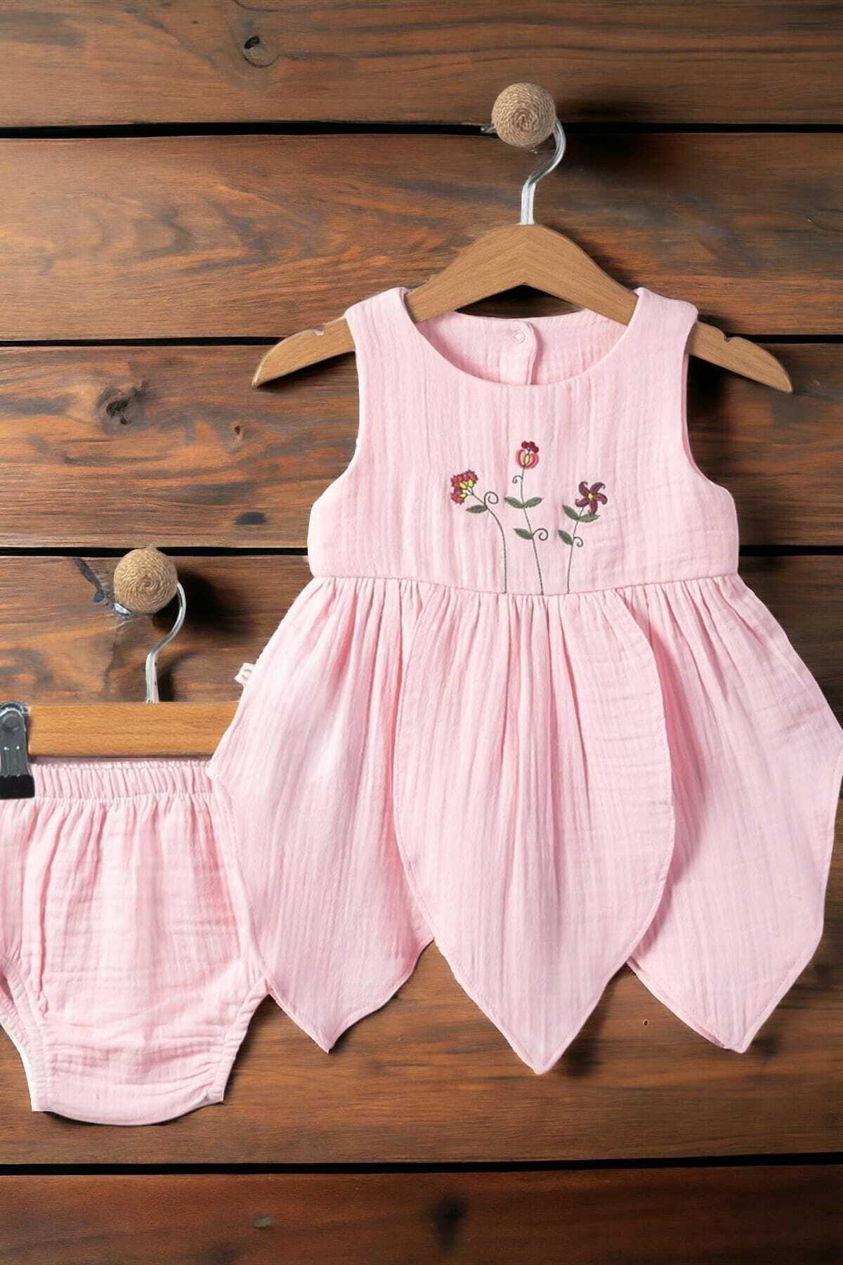 dinamik çocuk %100 Pamuk Kız Bebek/Çocuk Peri Elbise Nakışlı Eteği Parçalı + Külotlu Müslin Organik Takım fotoğrafı 4 (önizleme)