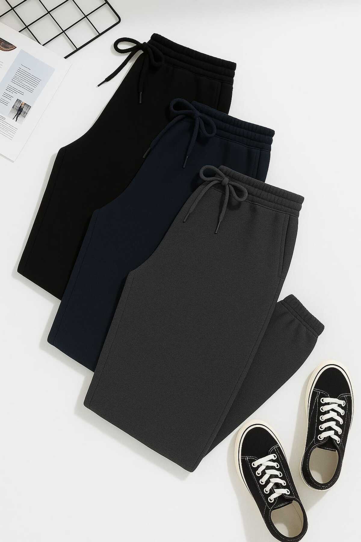 TREND ALİSSE Erkek {3ADET} siyh laacivert antrast Standart Fit Normal Kesim Cepli Rahat Jogger Eşofman Altı