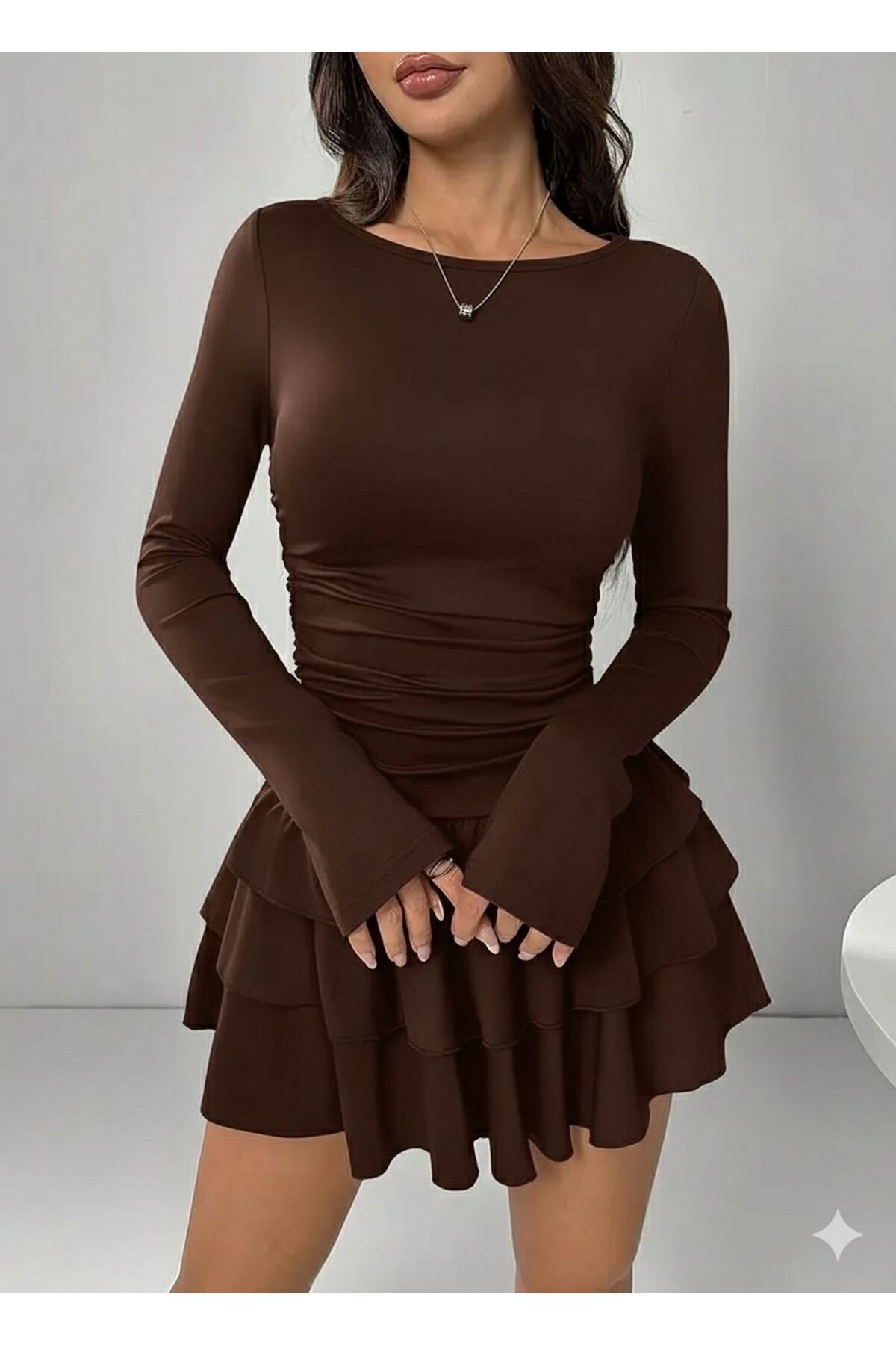 REY-VİA Eteği Kat Kat Volanlı Mini Elbise Tam Kalıp