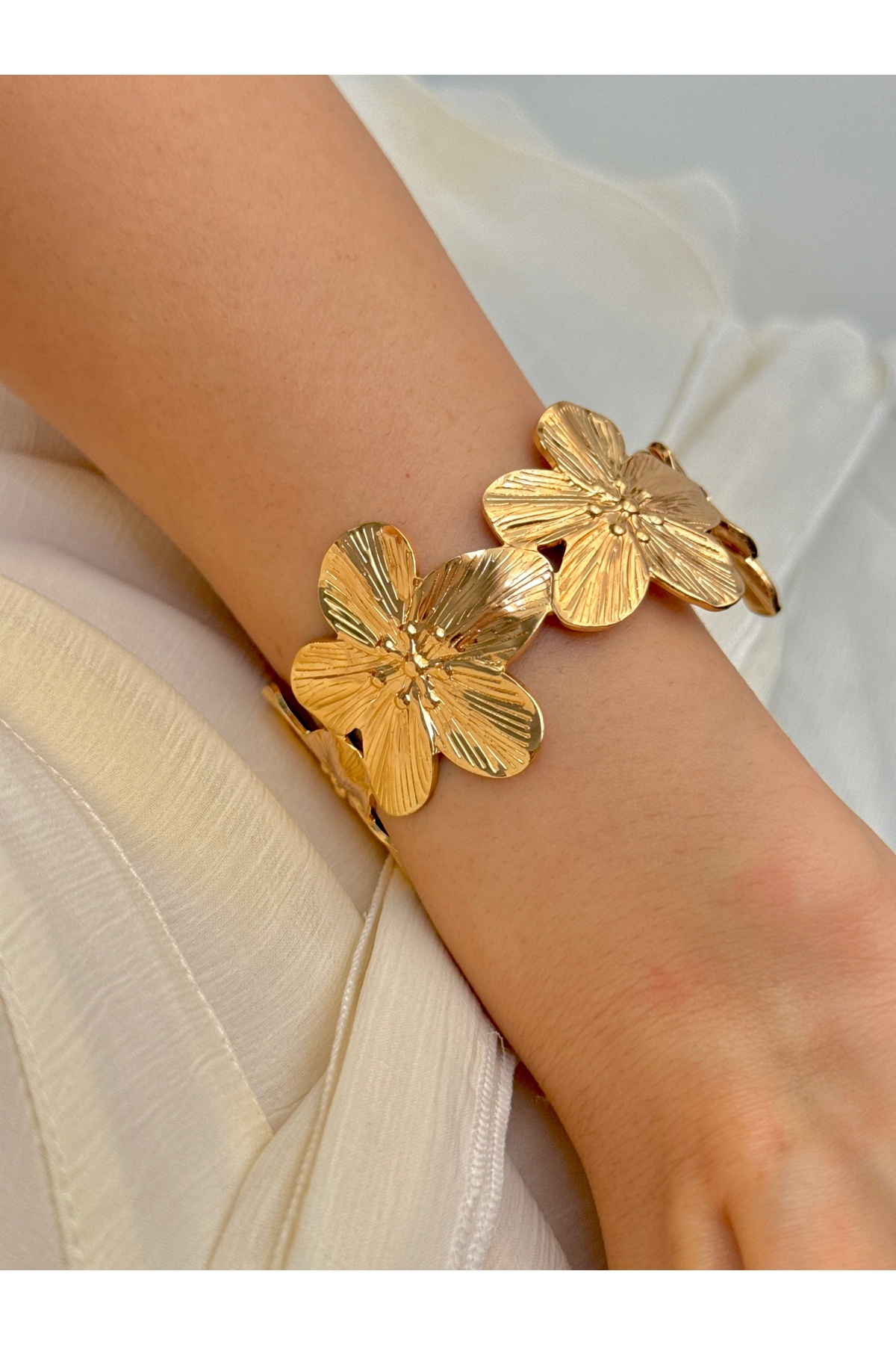 YOUES JEWELRY  Çelik Kalın Çiçek Kelepçe Bilezik Ayarlanabilir Kadın Erkek Unisex - Görsel 2