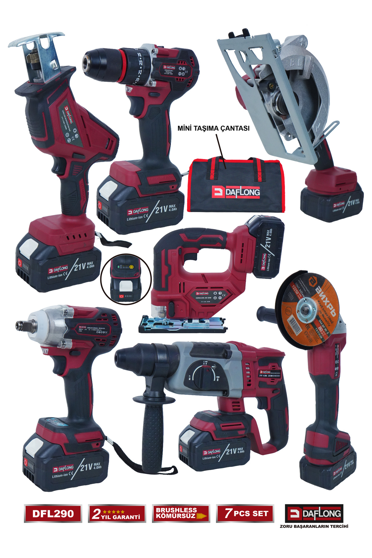 DAFLONG PRO 4 BATARYALI TAŞIMA ÇANTALI 7'Lİ USTA SETİ TİLKİ KUYRUĞU+DEKUPAJ+SUNTA MAKİNASI DFL-290