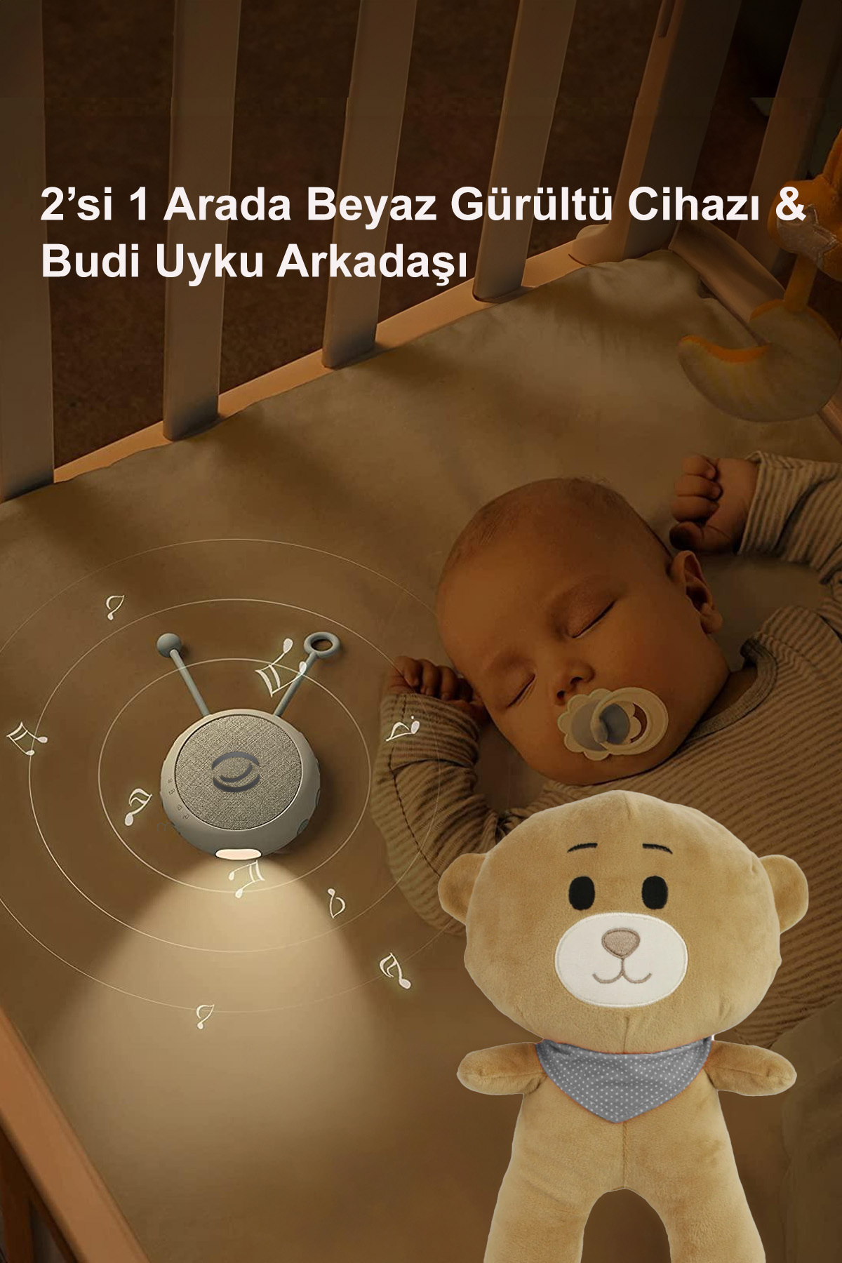 BUDİZZZ Budizzz Beyaz Gürültü Cihazı | Bebek Uyku Arkadaşı Gri Fular Ayıcık