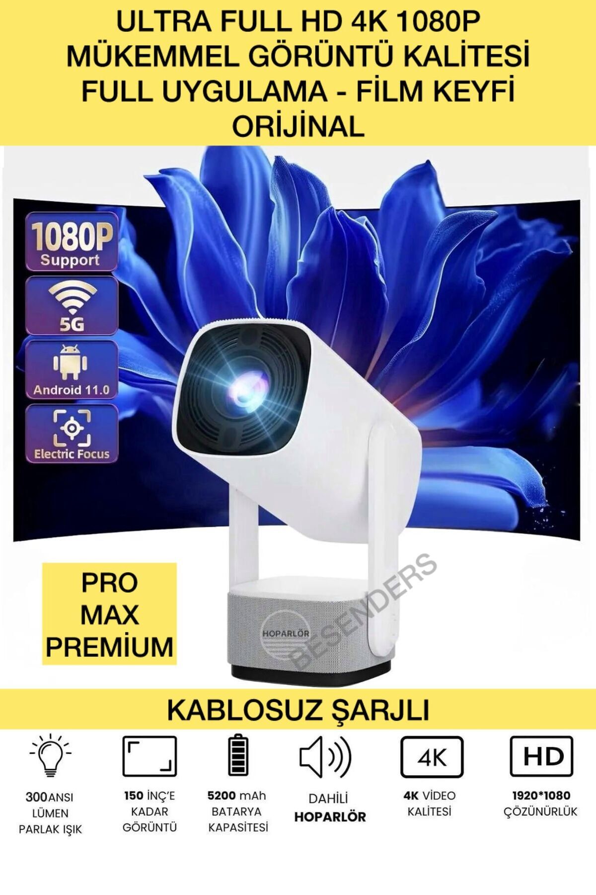 Besenders K2 PROMAX 1080P Kablosuz YeniVersiyon Taşınabilir Projeksiyon Android Wifi Bt Akıllı Sinema