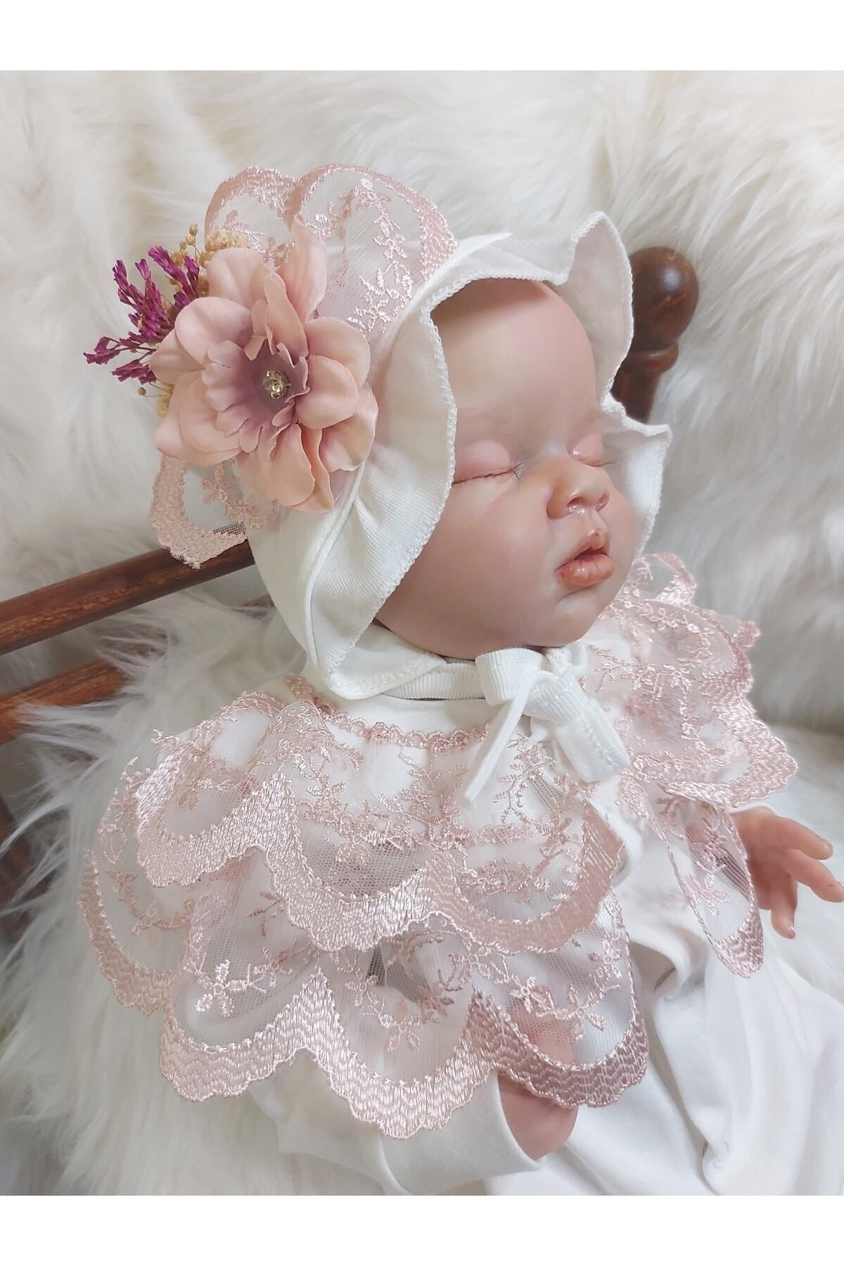 Şeker Tadında Tasarımlar Bonet Şapkalı Pudra Güpürlü Kız Bebek Tulum Seti,mevlüt Takımı fotoğrafı 2 (önizleme)
