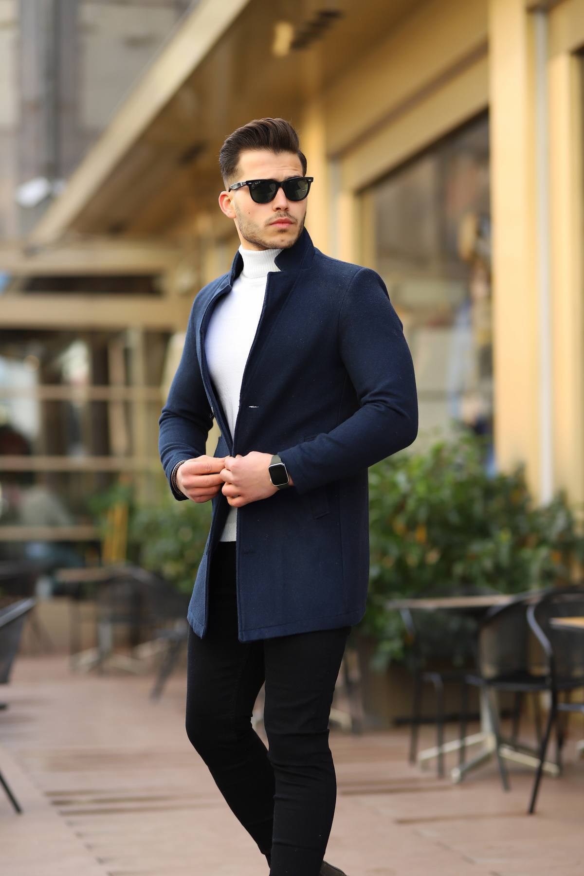  پالتو مردانه کشمیری یقه ایستاده اسلیم فیت سرمه‌ای