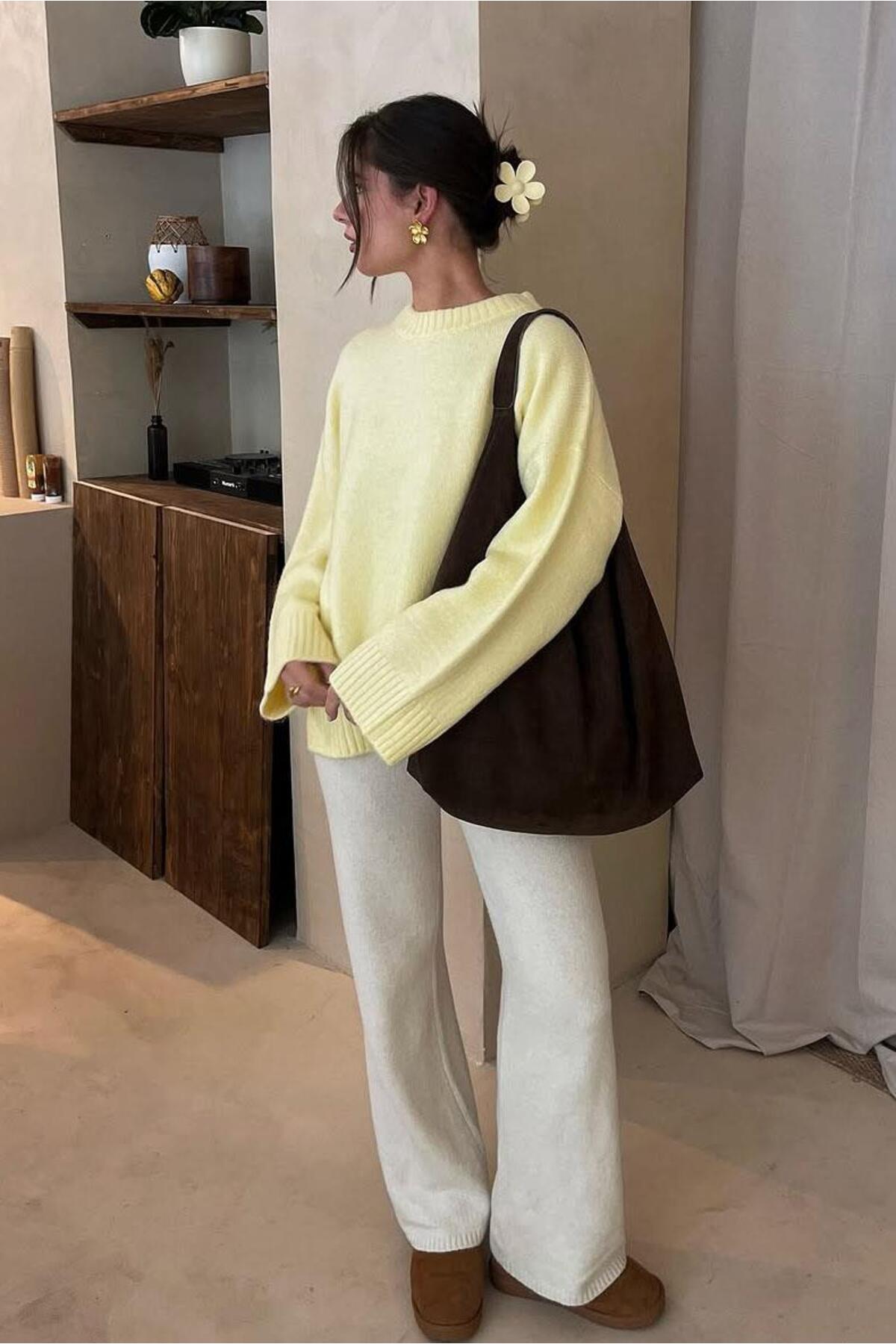 Seeh  Sarı Bisiklet Yaka Oversize Triko Kazak SH173 - Görsel 8