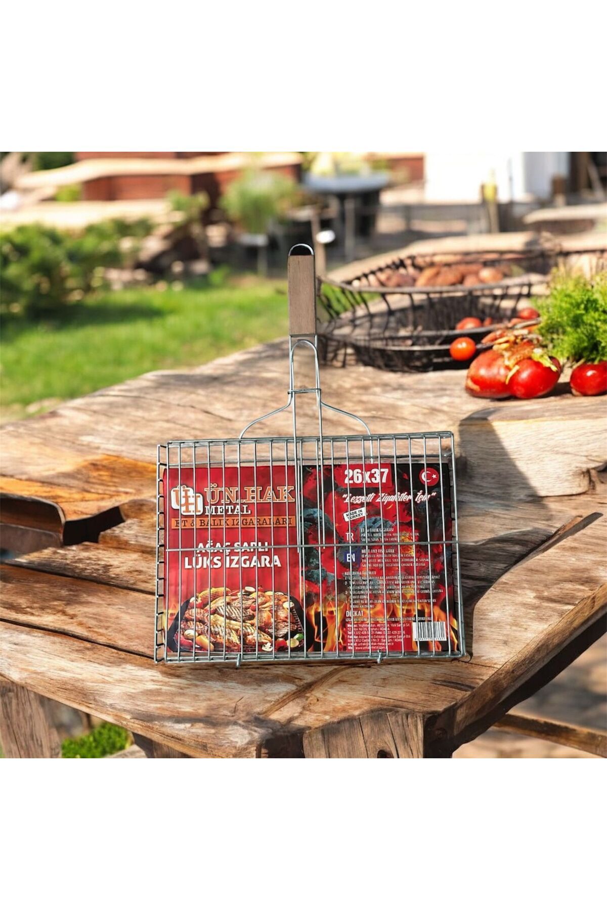 YILMAZNARGİLE Izgara 26x37 cm,Ağaç Saplı Tel Izgara,Kamp Mangal,Et-Balık-Tavuk kanat,Mangal Izgarası