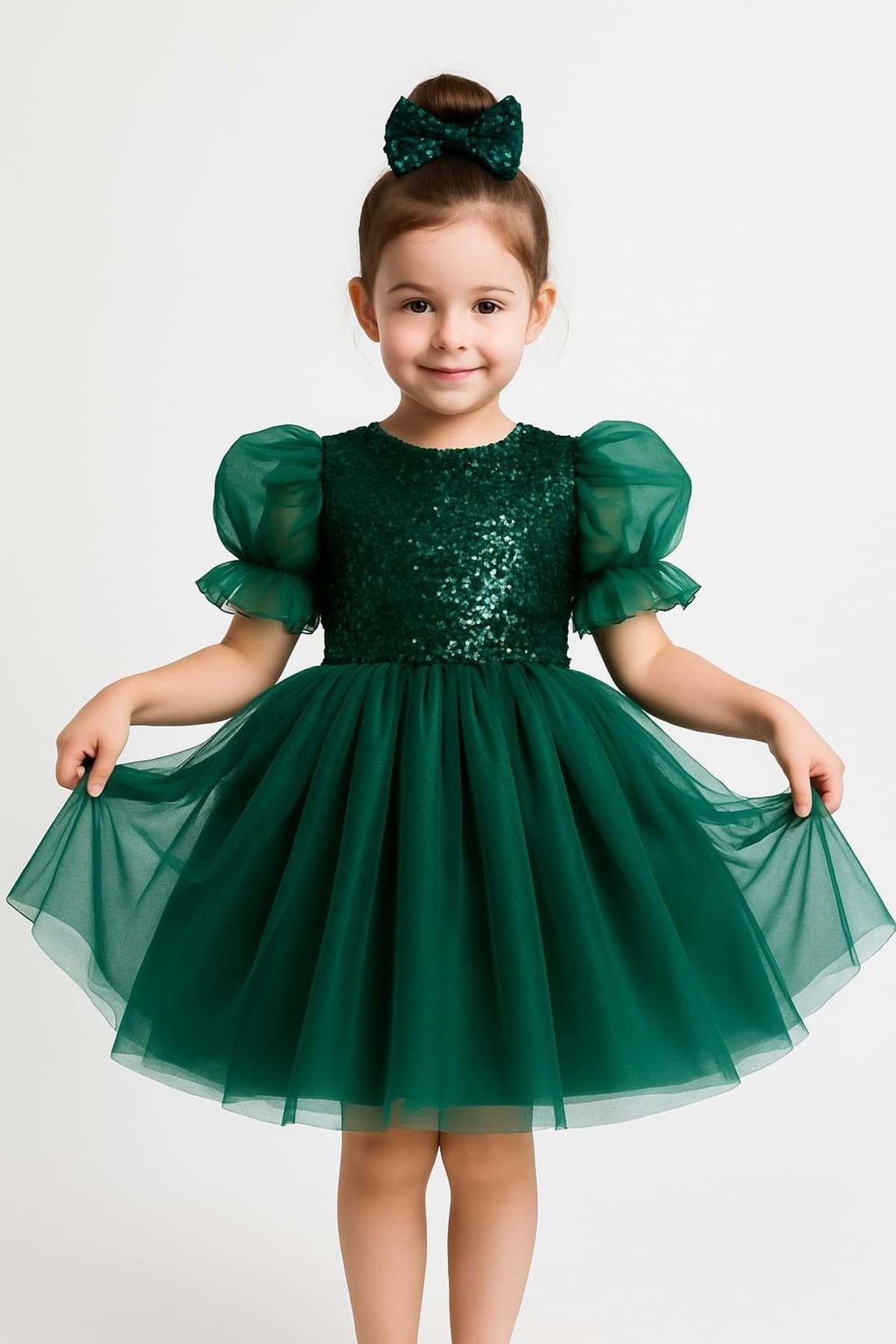 Mnk Baby&Kids Balon Kol Pul Payet Kız Çocuk Tütü Elbise M00751 YEŞİL