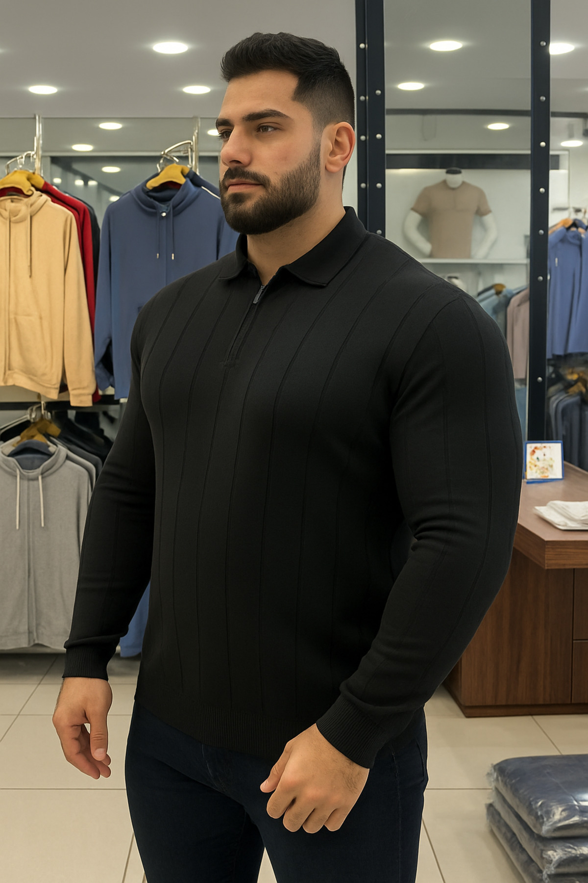 Maccali Erkek Kışlık Büyük Beden Siyah Fermuarlı Sweatshirt görsel 2
