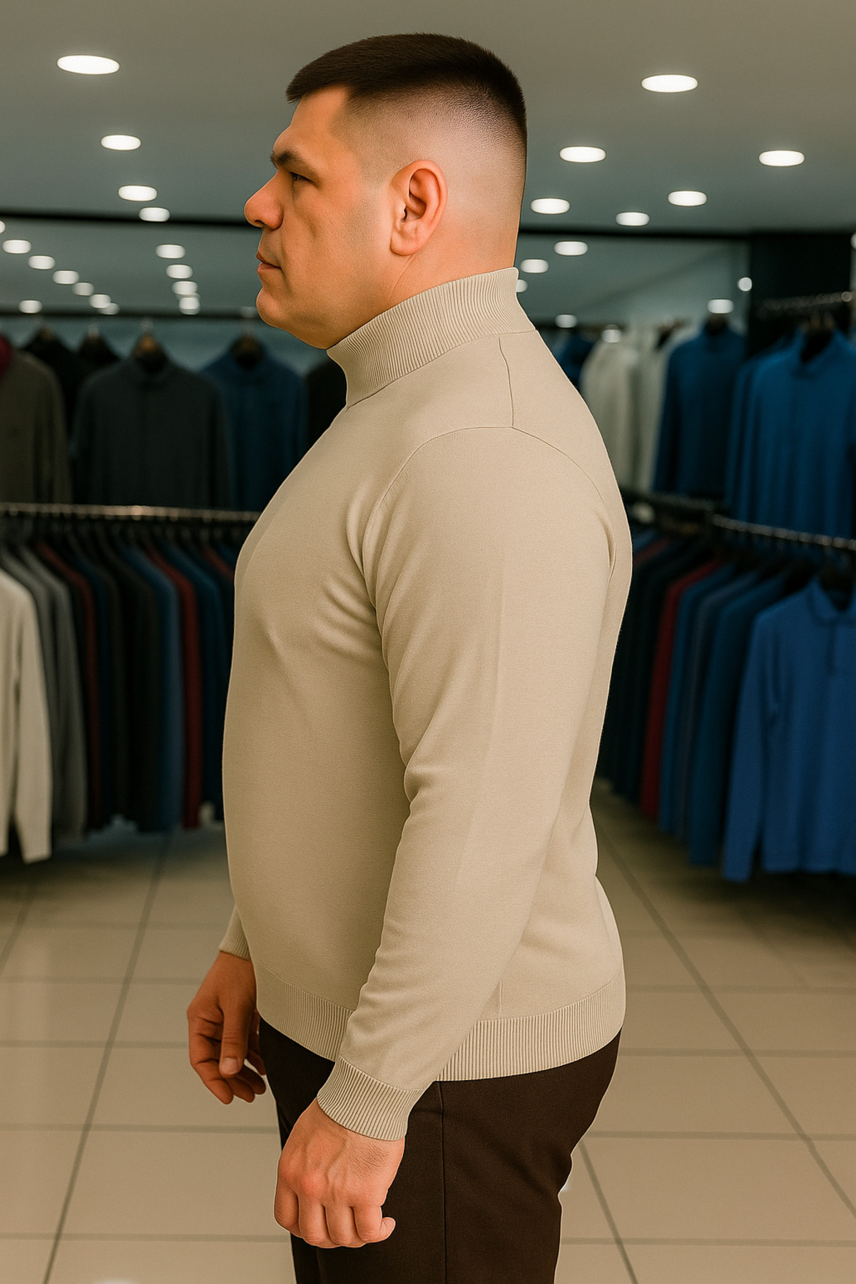 Maccali Erkek Büyük Beden Boğazlı Bol Krem Sweat Triko Kazak görsel 2