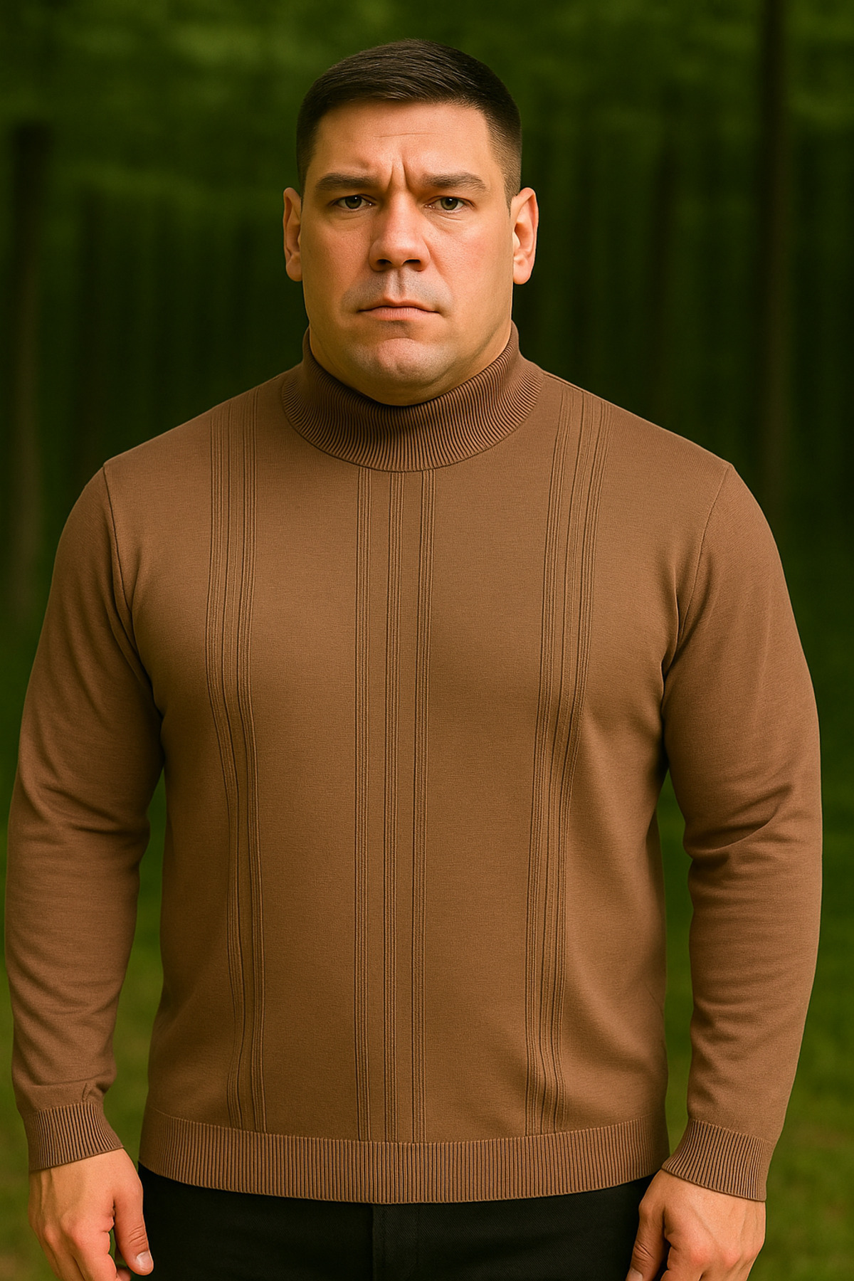 Maccali Erkek Büyük Beden Çizgili Camel Sweat Triko Kazak