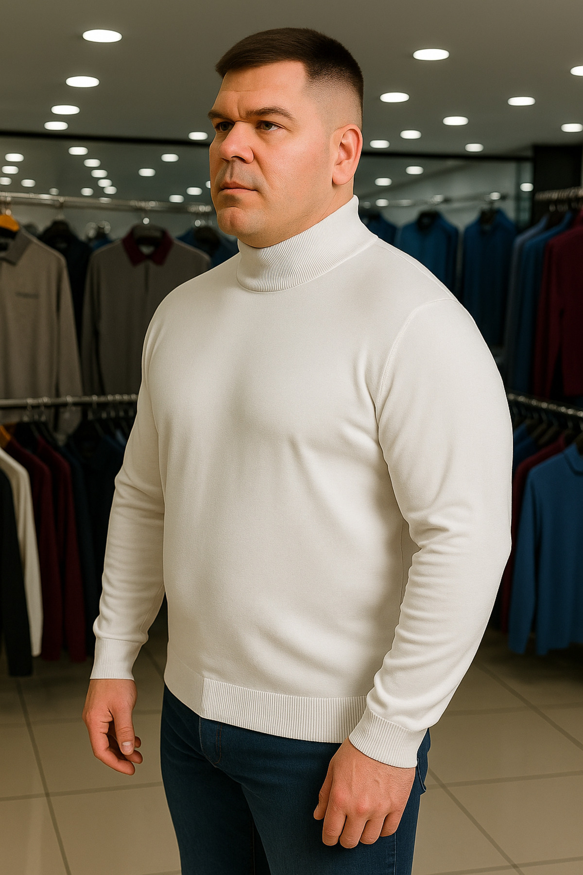 Maccali Erkek Büyük Beden Boğazlı Beyaz Sweat Triko Kazak görsel 2