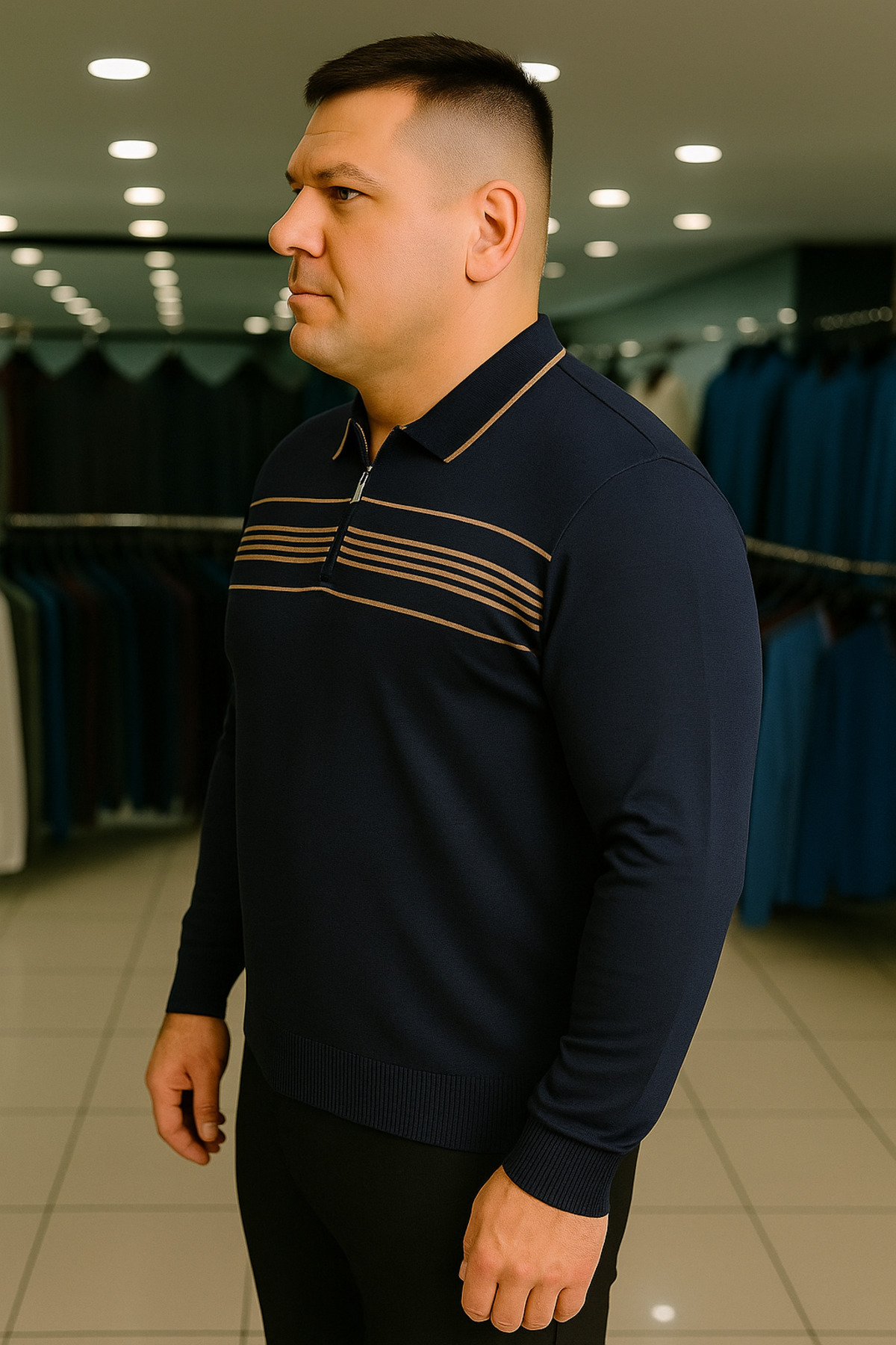 Maccali Erkek Büyük Beden Çizgili Lacivert Polo Fermuarlı Sweat görsel 3