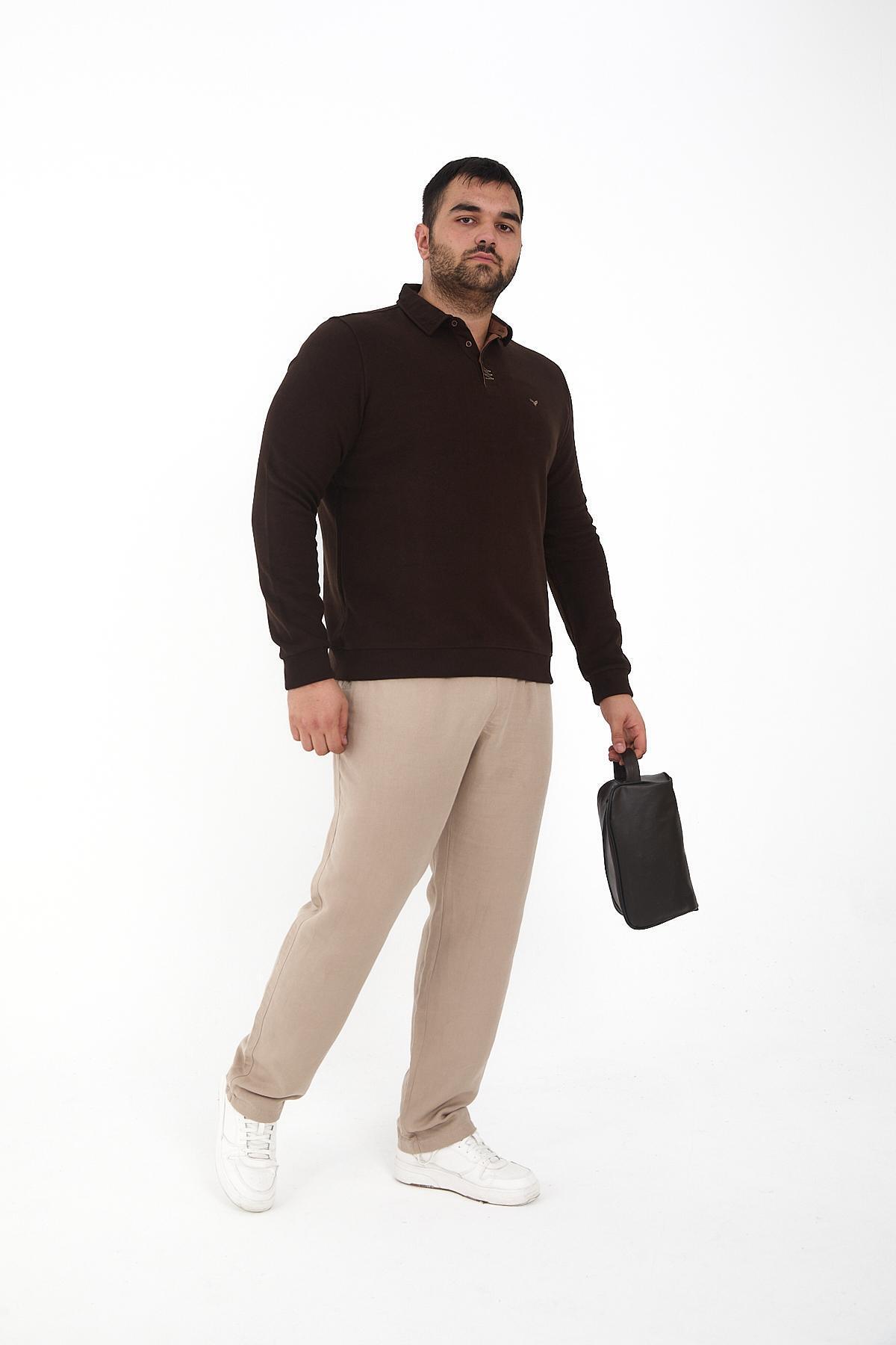 Maccali Erkek Comfortfit Kışlık Düz Kahverengi Battal Polo Yaka T-shirt görsel 3