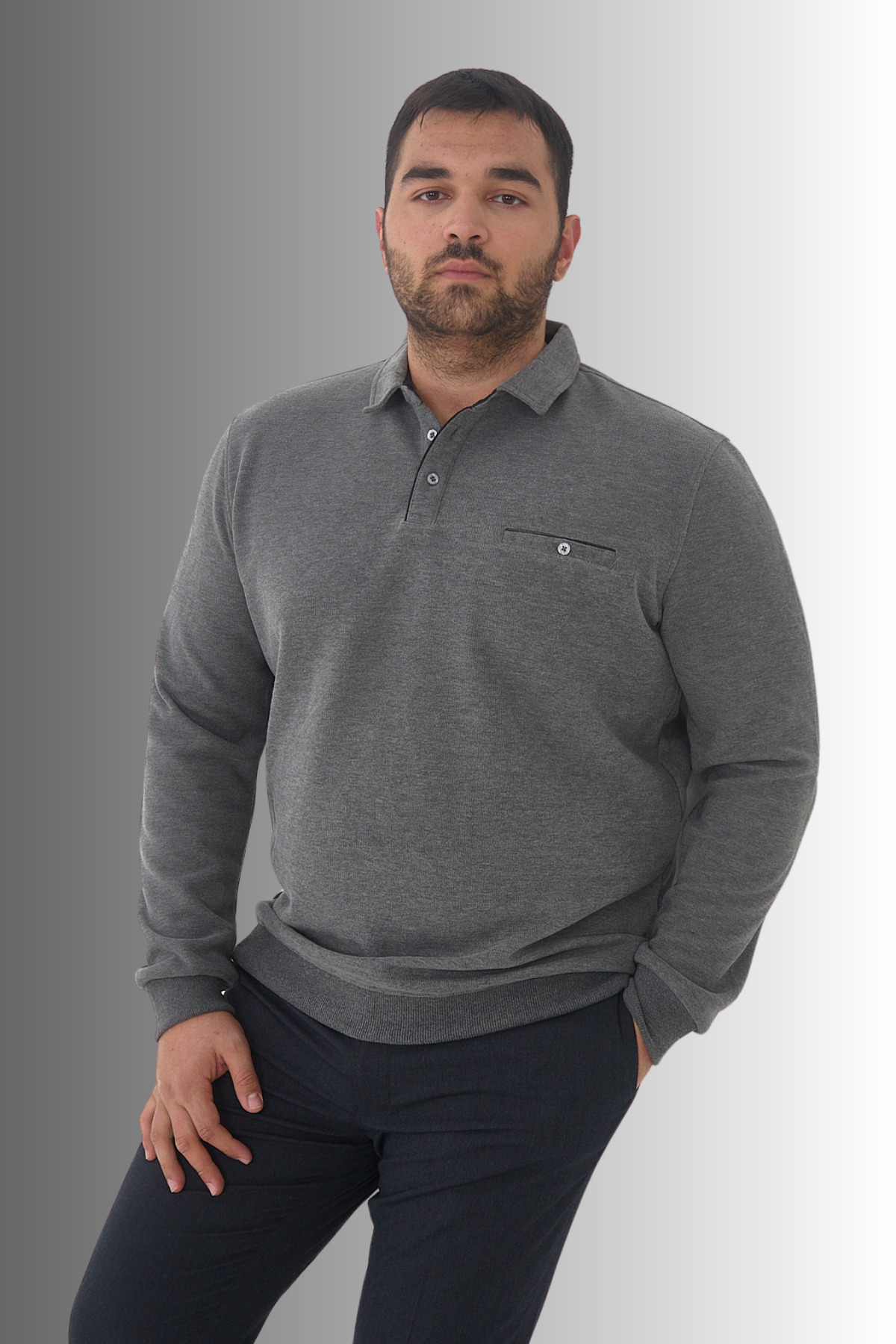 Maccali Erkek Cepli Kışlık Geniş Düz Füme Battal Polo Yaka T-shirt