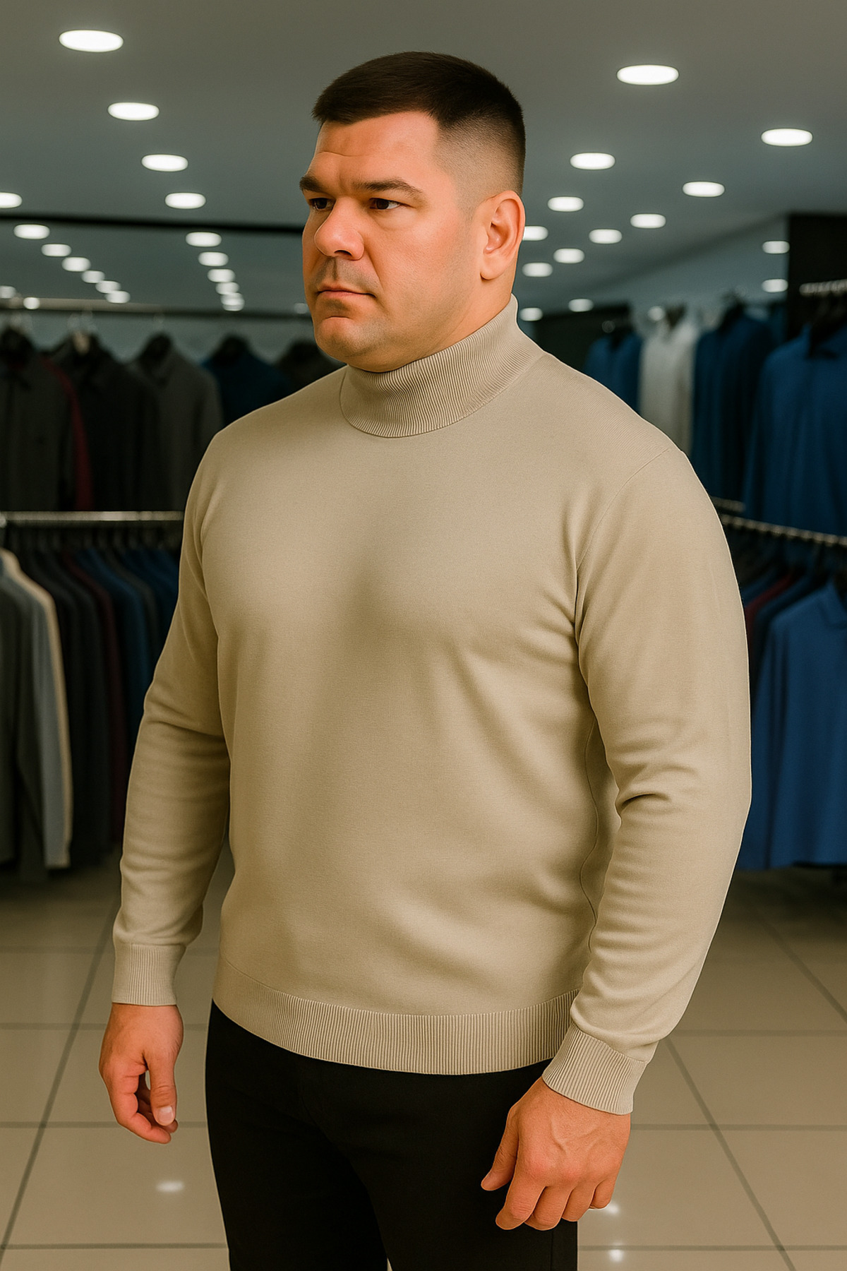 Maccali Erkek Büyük Beden Boğazlı Bol Krem Sweat Triko Kazak görsel 3