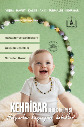 OSMANLI DOĞAL TAŞ Sertifikalı Bebek Kehribar Kolye-Kehribar-Kalsit-Yeşim-Havl...