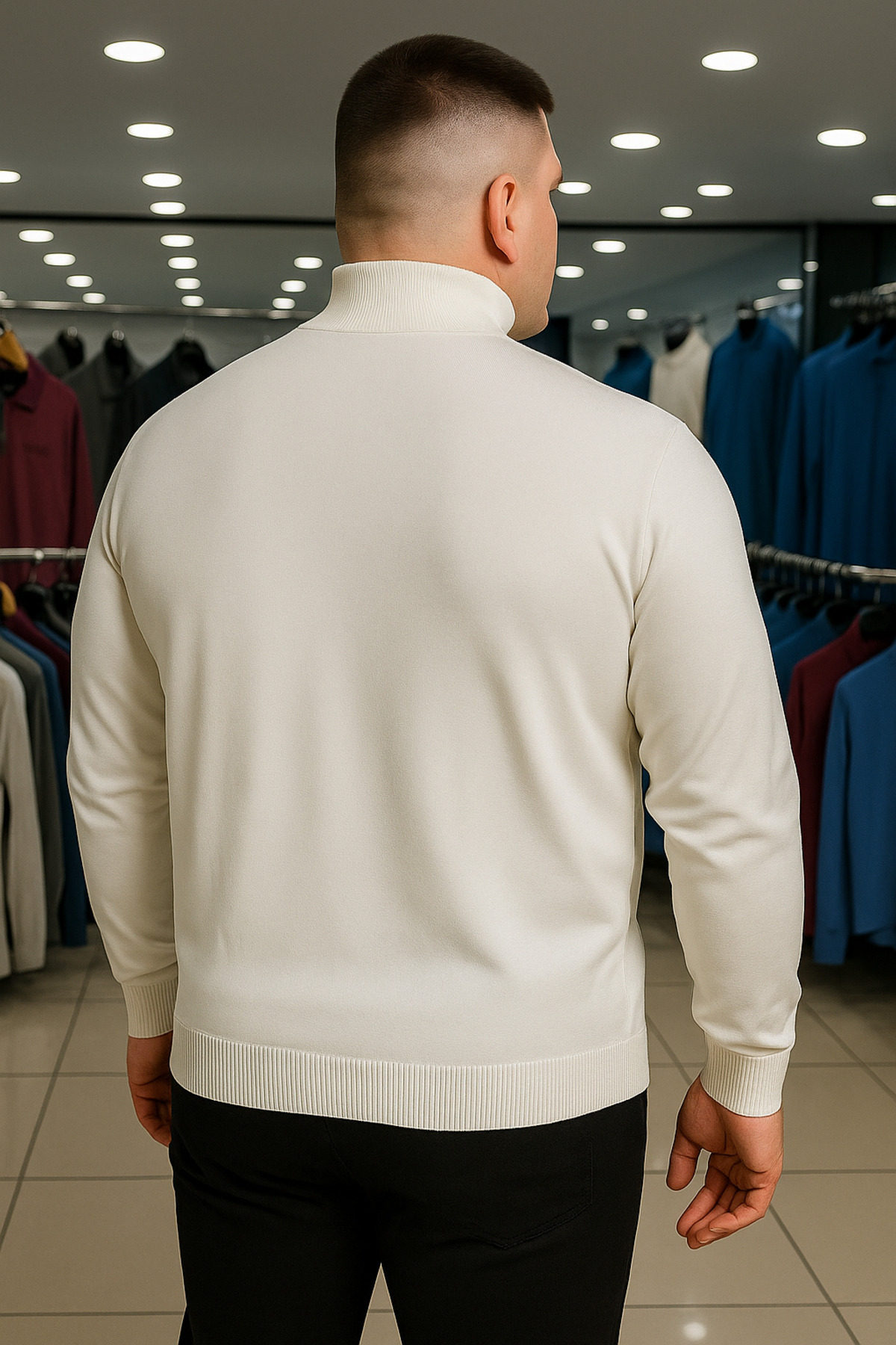 Maccali Erkek Büyük Beden Boğazlı Beyaz Sweat Triko Kazak görsel 4