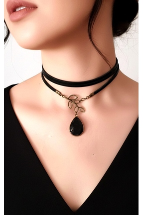 LADYMİRAGE Gerçek Deri Akik Taşlı Choker