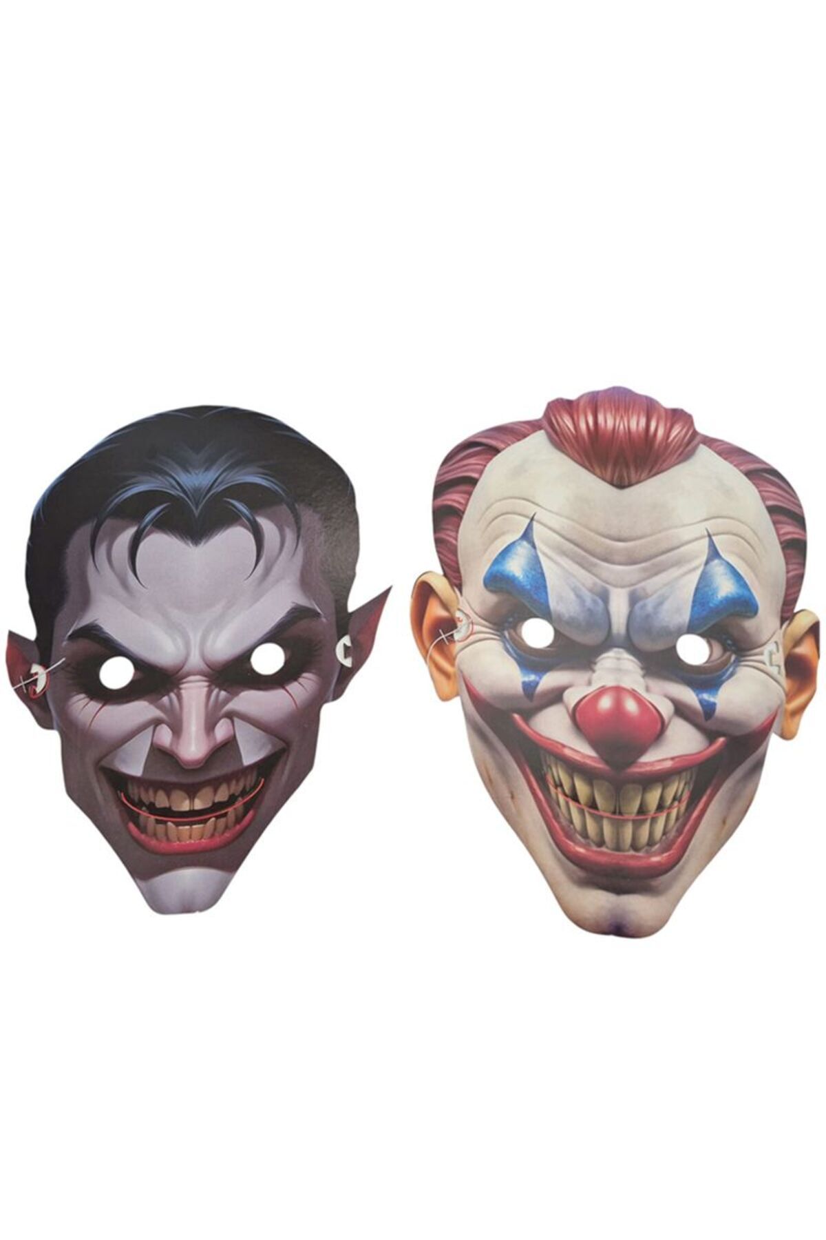 partidolu Arkadan Lastikli Vampir ve Killer Clown Palyaço Halloween Karton Maskesi 2 Adet