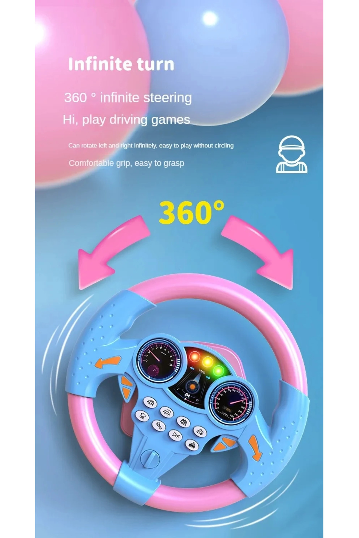 اتومبیل اسباب‌بازی فرمان شبیه‌سازی‌شدهٔ برقی درخشان صورتی نوزاد با نور و صدا، آموزشی اولیه برای کودکان