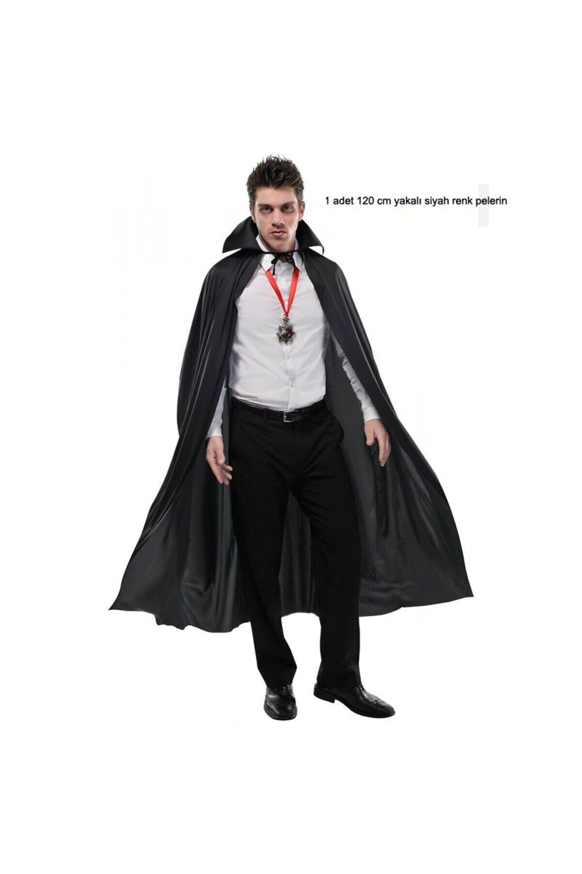 partidolu Halloween Siyah Renk 120 cm Yakalı Drakula Vampir Pelerini Erkek Yetişkin