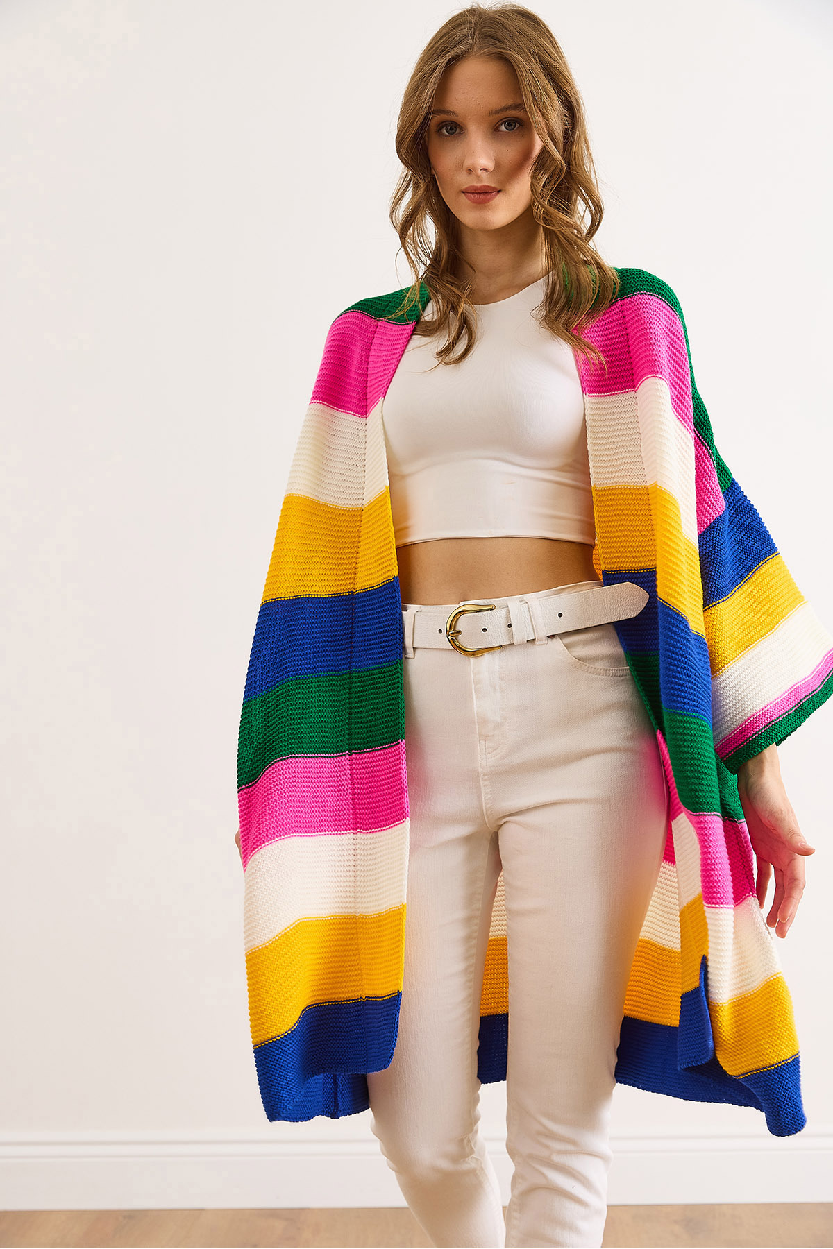 Olalook  Kadın Saks Mavi Yeşil Renkli Kalın Çizgili Triko Hırka HRK-19000337 - Görsel 5