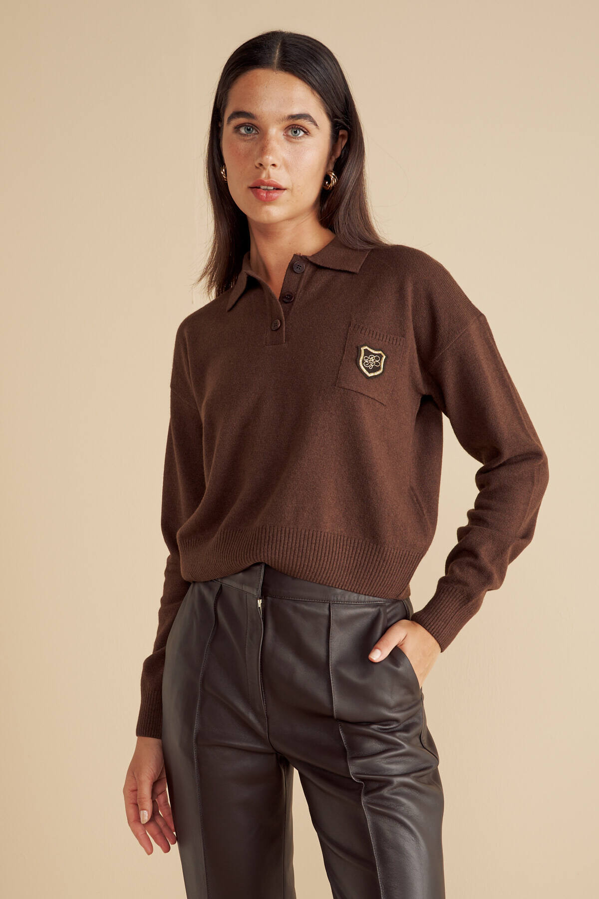 BROOKS BROTHERS Kadın Kahverengi Yün Karışımlı Polo Yaka Peçli Kazak