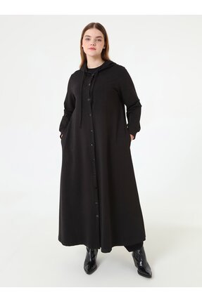 Alia Kapüşon Detaylı Çıtçıtlı Spor Büyük Beden Pardesü - Siyah -