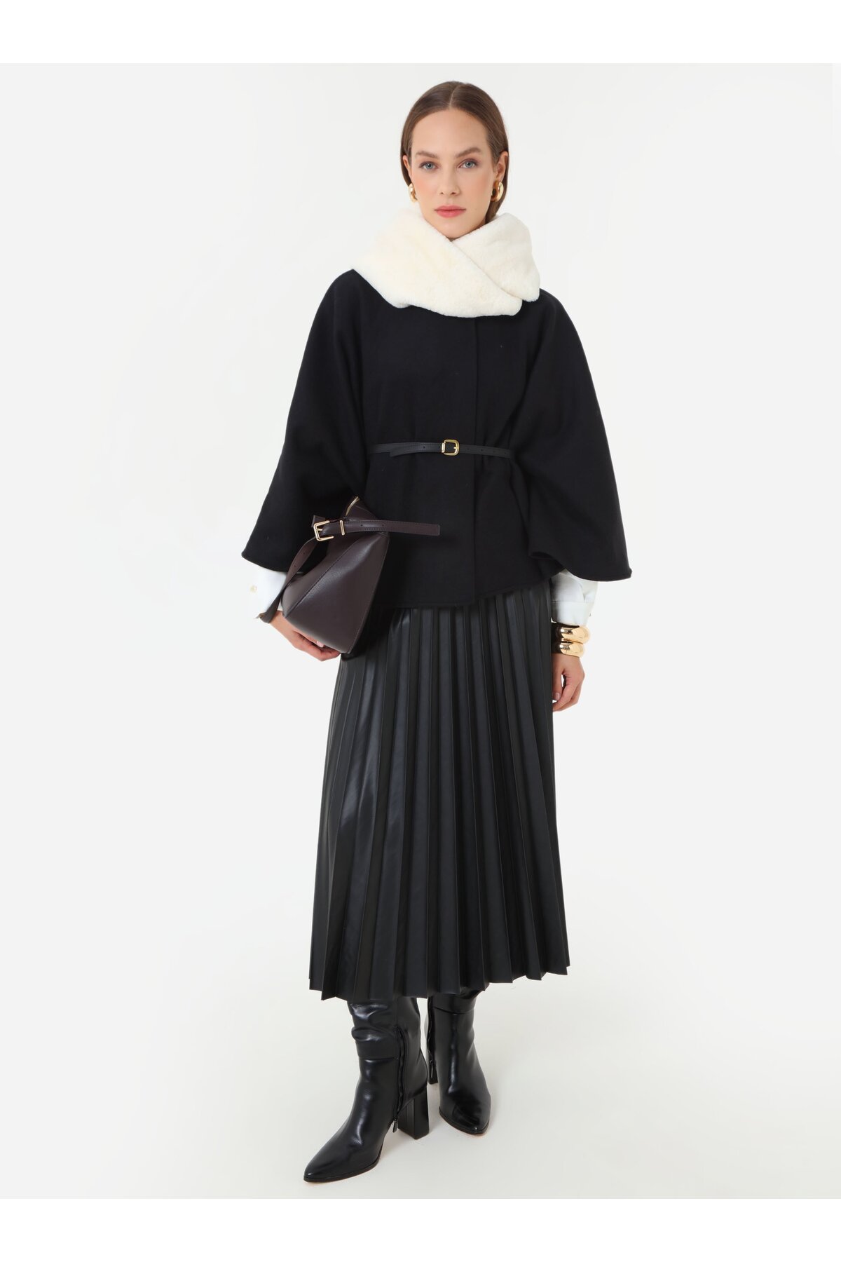 Refka  Deri Kemerli Gold Düğmeli Pelerin Kaban - Siyah -